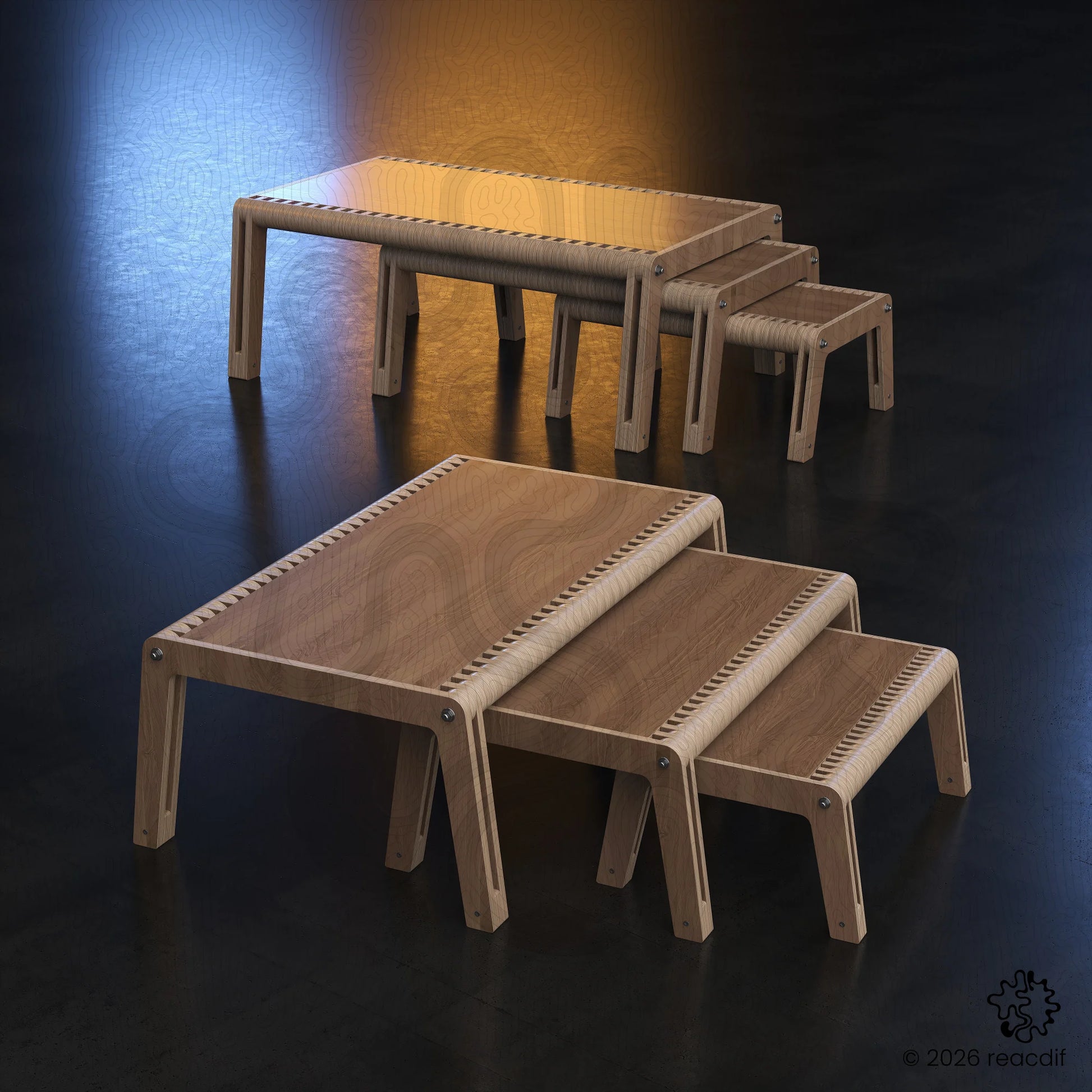 Parametric wooden table trio. Stylish rectangular coffee table set. Laser ready templates for interior decor. Scandi style slat furniture plans.