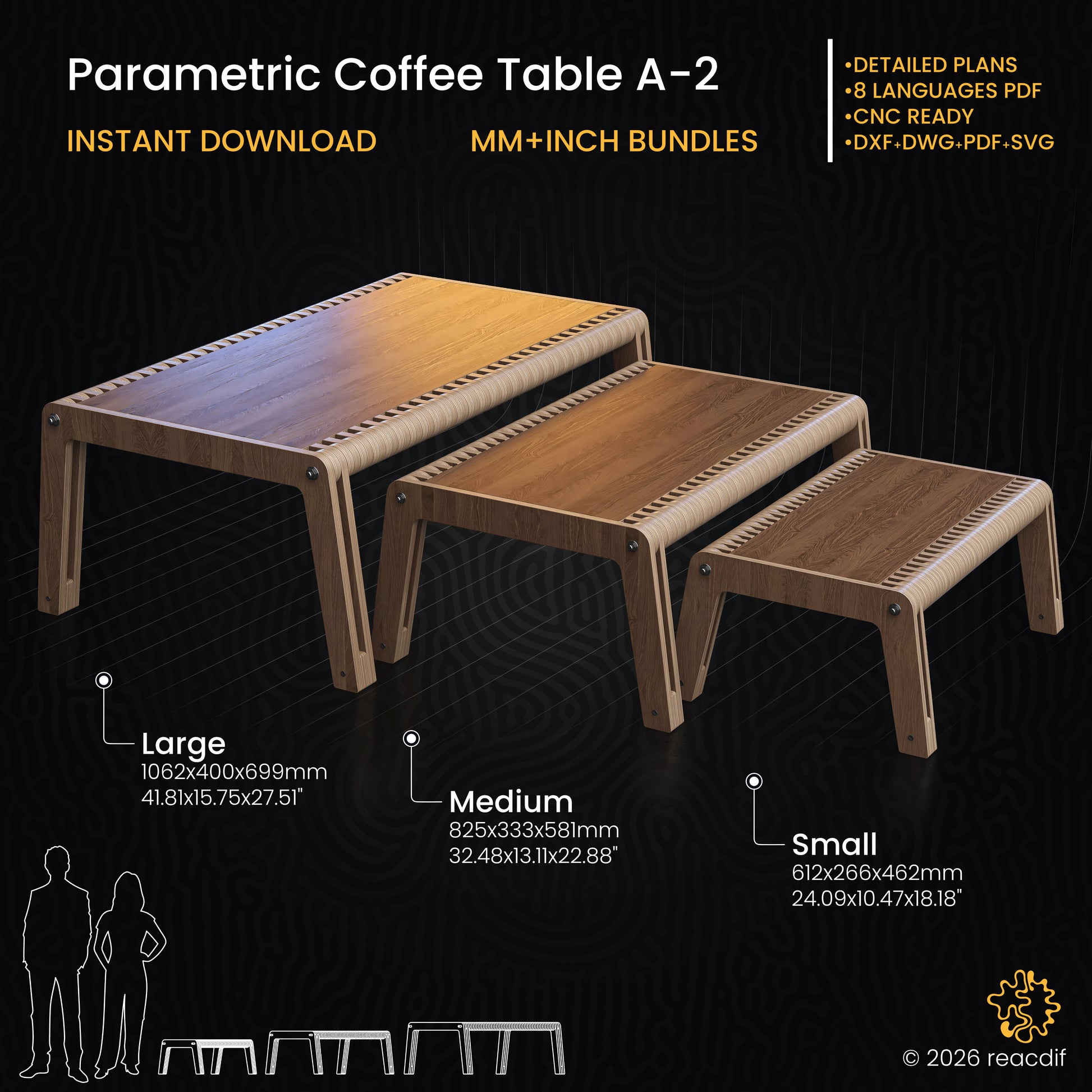 Parametric Coffee Table A-2 Digital CNC Files. Rectangular nesting table set plans. Instant Download DXF, SVG, PDF. Modern long plywood bench design for laser cutting. Includes 3 sizes (Large 1062mm, Medium, Small).