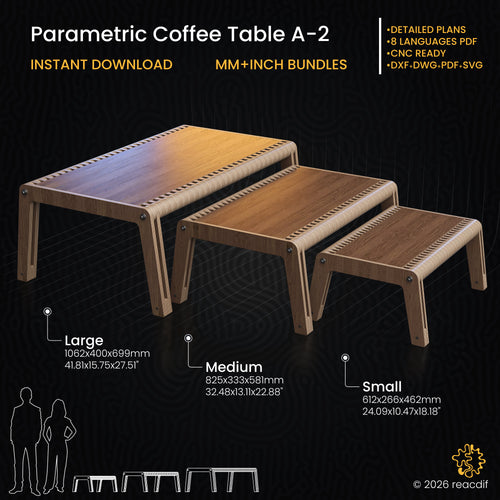 Parametric Coffee Table A-2 Digital CNC Files. Rectangular nesting table set plans. Instant Download DXF, SVG, PDF. Modern long plywood bench design for laser cutting. Includes 3 sizes (Large 1062mm, Medium, Small).