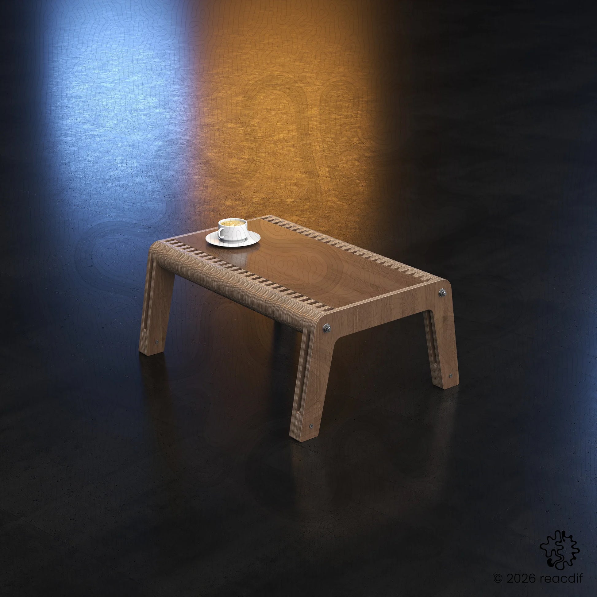 Close up detail of plywood slats on A-2 table. CNC router cut edges. Minimalist wooden bench texture. Contemporary furniture design plan.