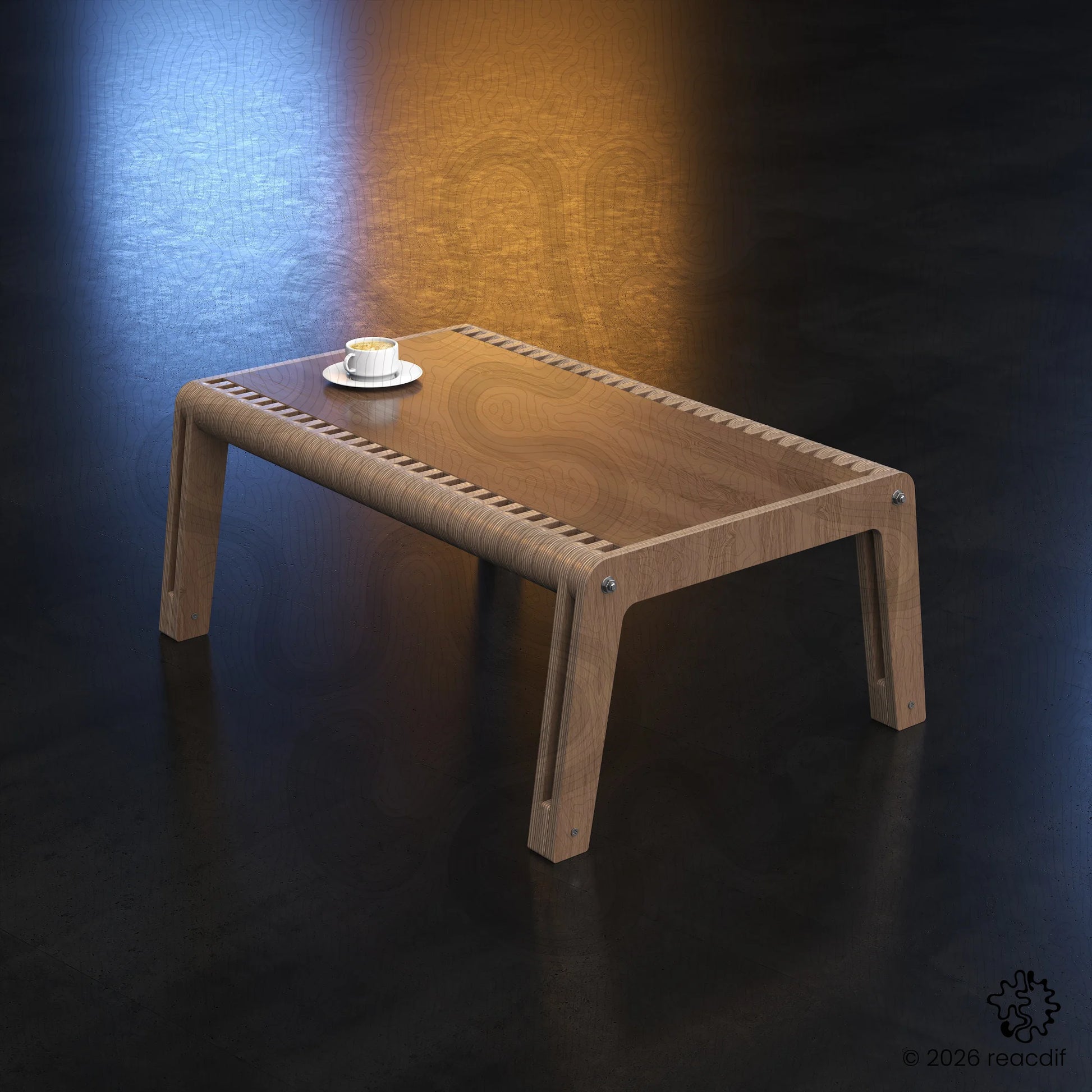 Curved rectangular table side view. Futuristic parametric architecture. 3D modeling for laser cutting machines. Unique home office decor idea.