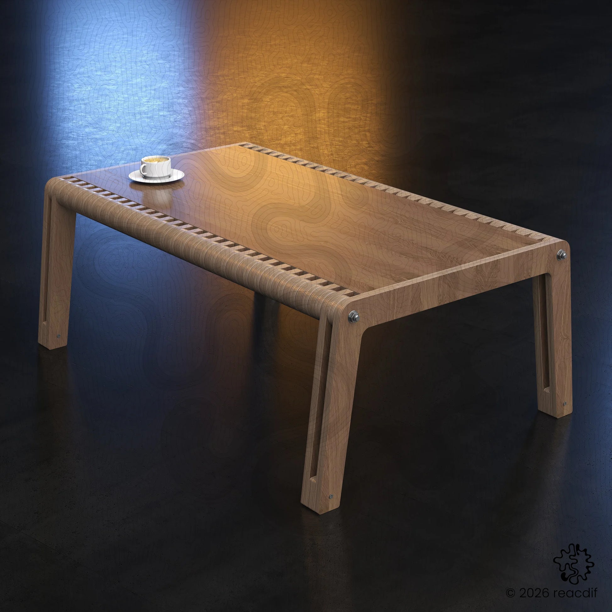 Stylish low bench or coffee table design. Digital template for CNC machining. Creative plywood art furniture. Ready to cut DXF file preview.