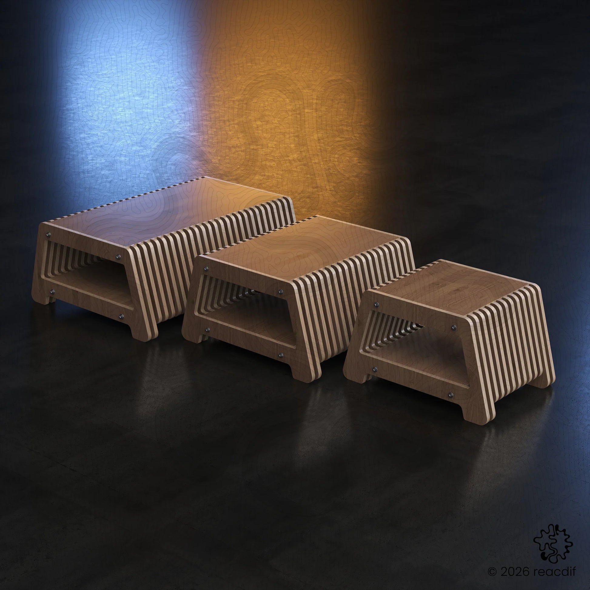 Parametric Coffee Table A-3 modern organic design with skeletal wavy structure - front perspective view of CNC furniture projectmetric