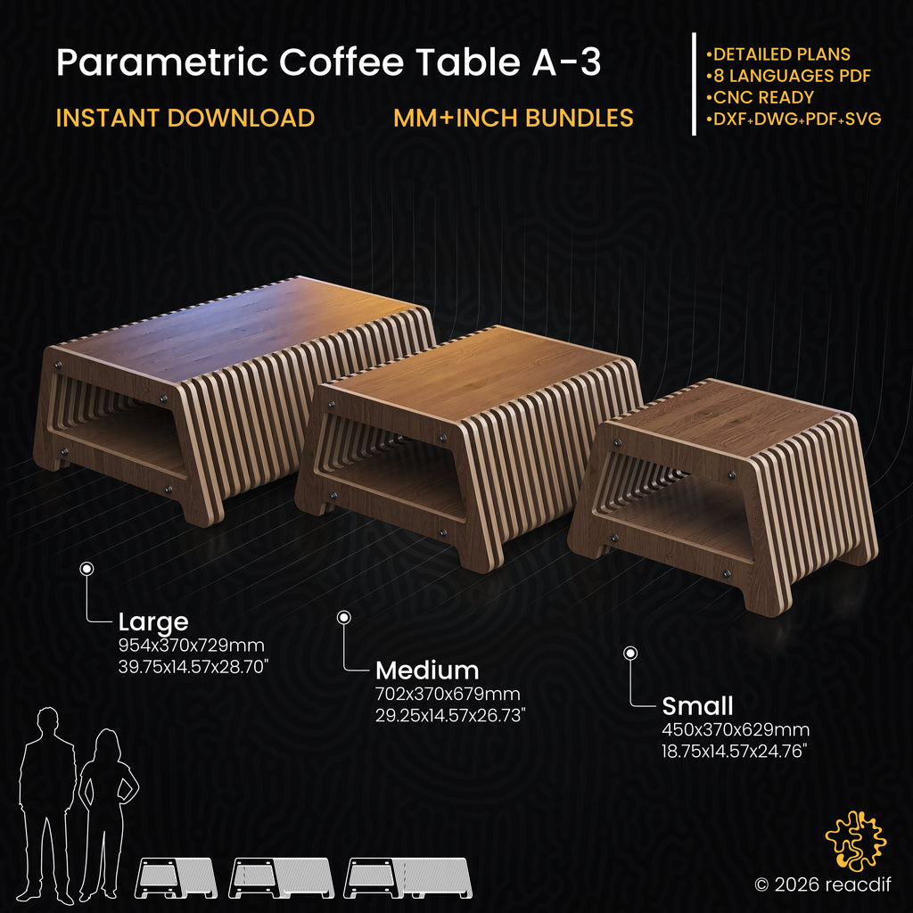Parametric Coffee Table A-3 technical specifications infographic showing dimensions, material requirements, and CNC cutting details for all size variants
