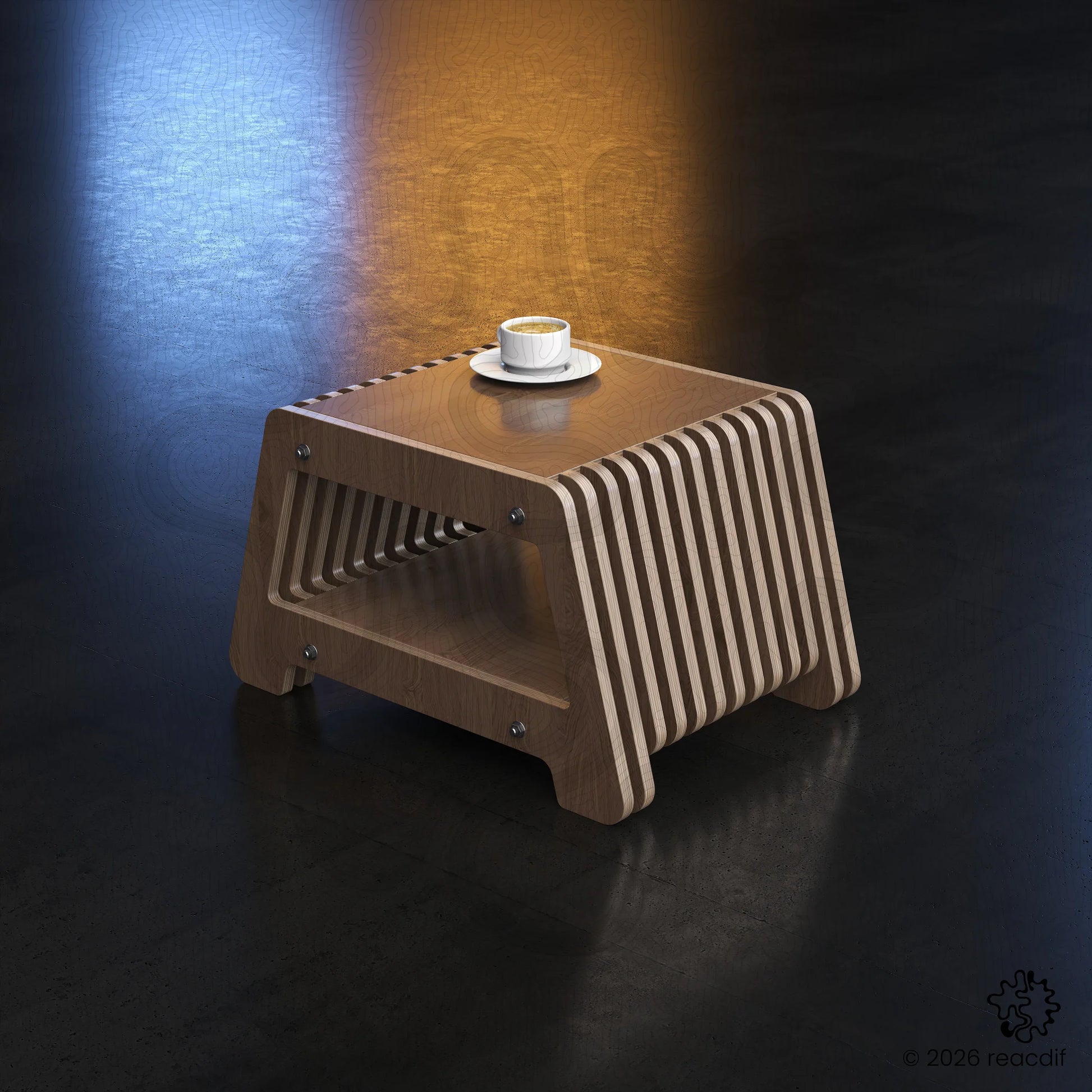 Parametric Coffee Table A-3 variant small close-up detail showing intricate parametric lattice pattern and organic curves of CNC-cut plywood