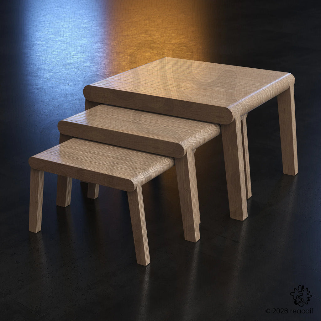 Close-up view of Parametric Coffee Table A-4 showing smooth organic curves and precision CNC-routed edges in natural wood finish