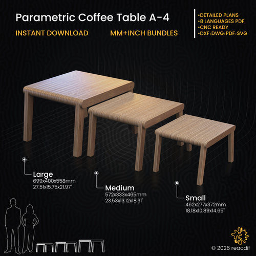 Parametric Coffee Table A-4 technical specifications infographic showing dimensions, material requirements, and CNC cutting details for all size variants