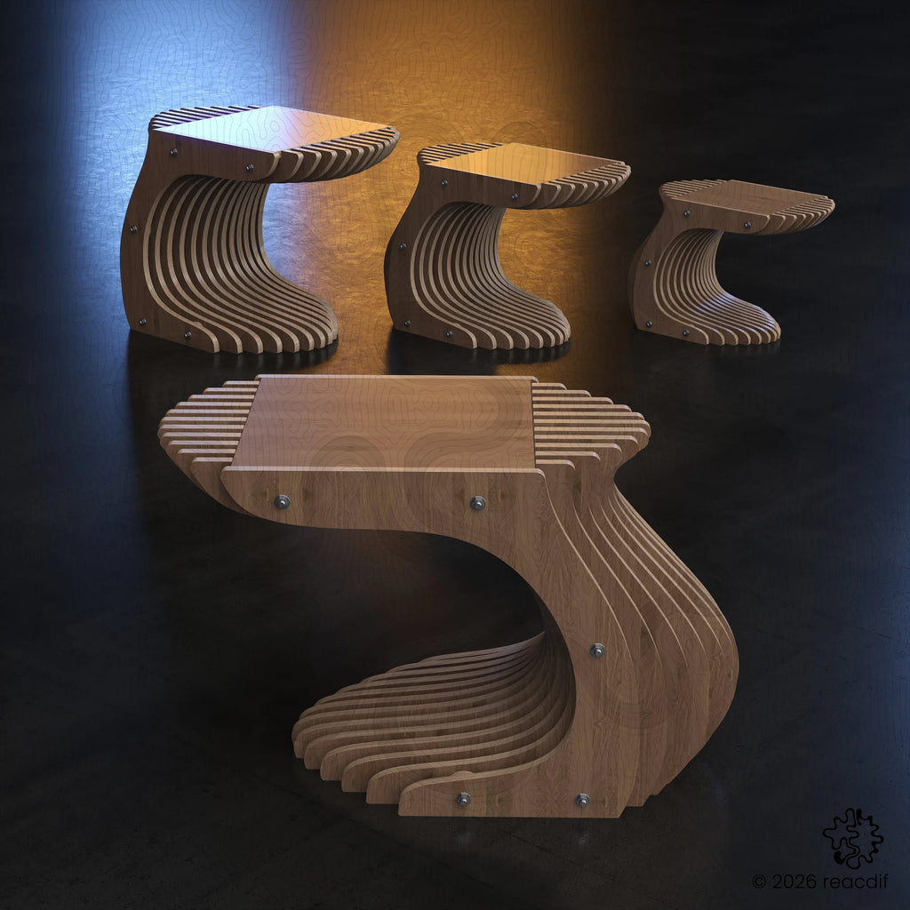 Modern parametric coffee table A-5 with organic wavy design, precision CNC-cut from wood, featuring contemporary minimalist aesthetic