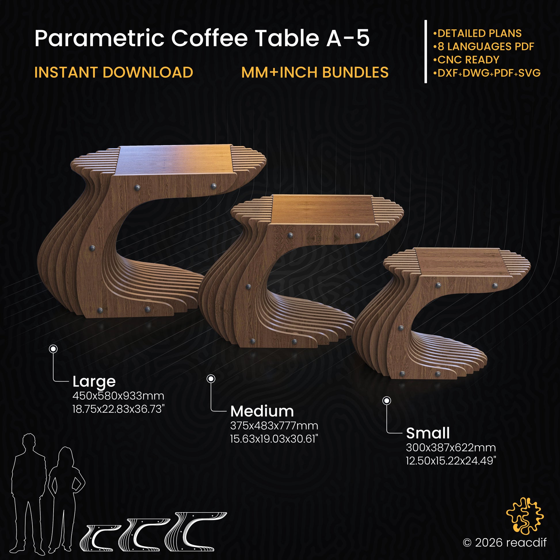 Parametric Coffee Table A-5 technical specifications infographic with dimensions, CNC cutting requirements, and material details for all size variants