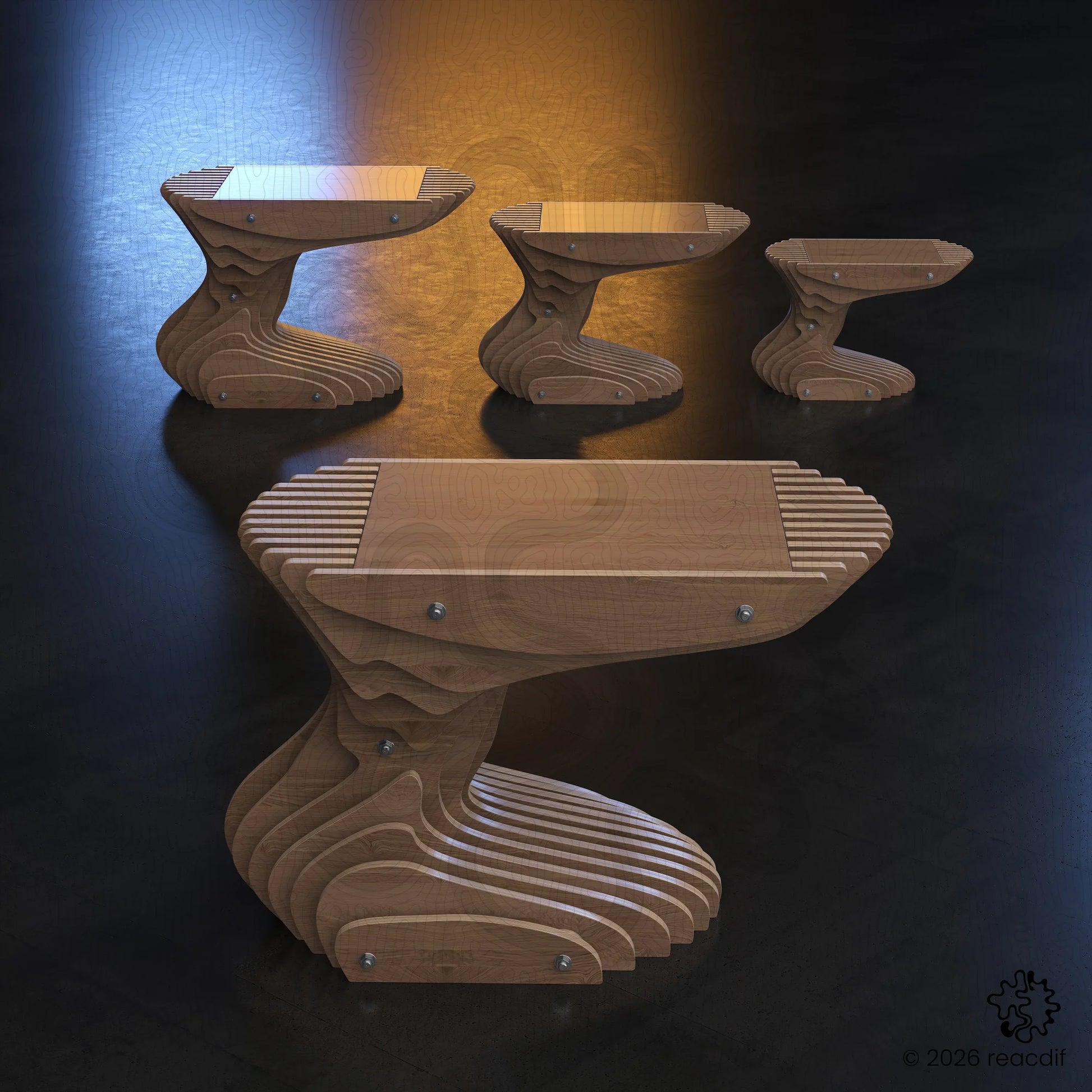 Modern parametric coffee table A-6 with organic wavy design, precision CNC-cut from wood, featuring contemporary minimalist aesthetic