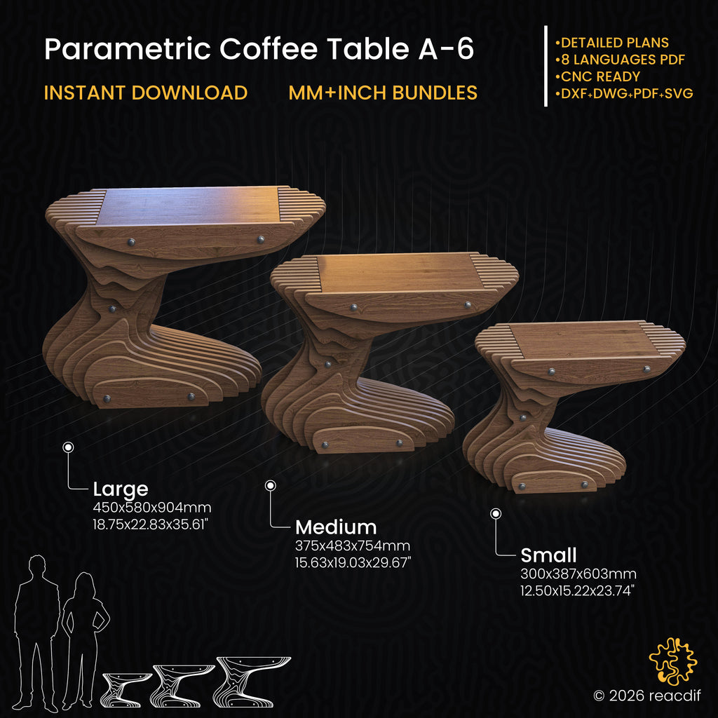 Parametric Coffee Table A-6 technical specifications infographic with dimensions, CNC cutting requirements, and material details for all size variants