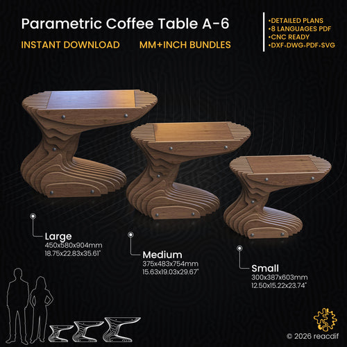 Parametric Coffee Table A-6 technical specifications infographic with dimensions, CNC cutting requirements, and material details for all size variants