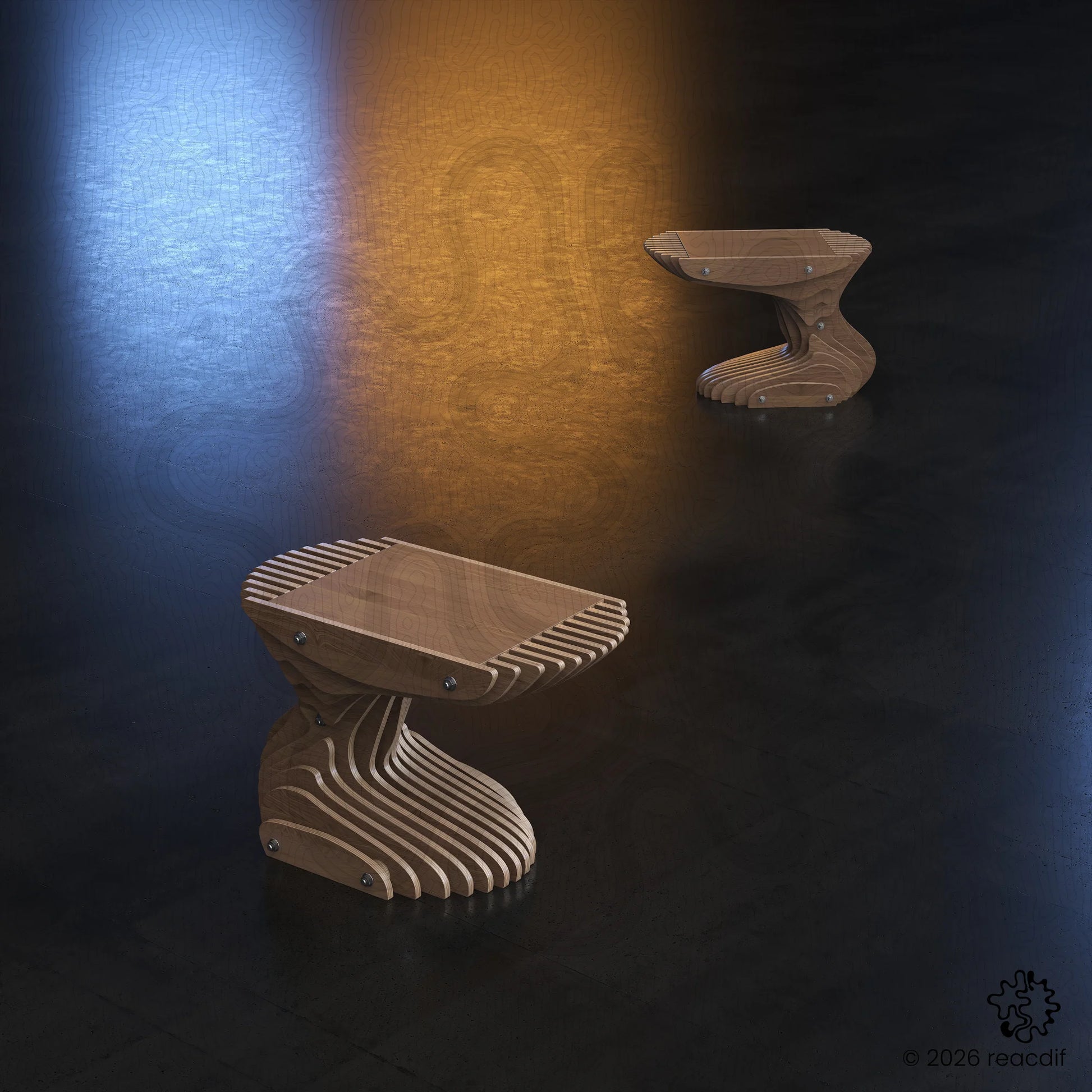Parametric Coffee Table A-6 variant small full assembly view showcasing elegant curved structure and natural wood finish for modern interiors