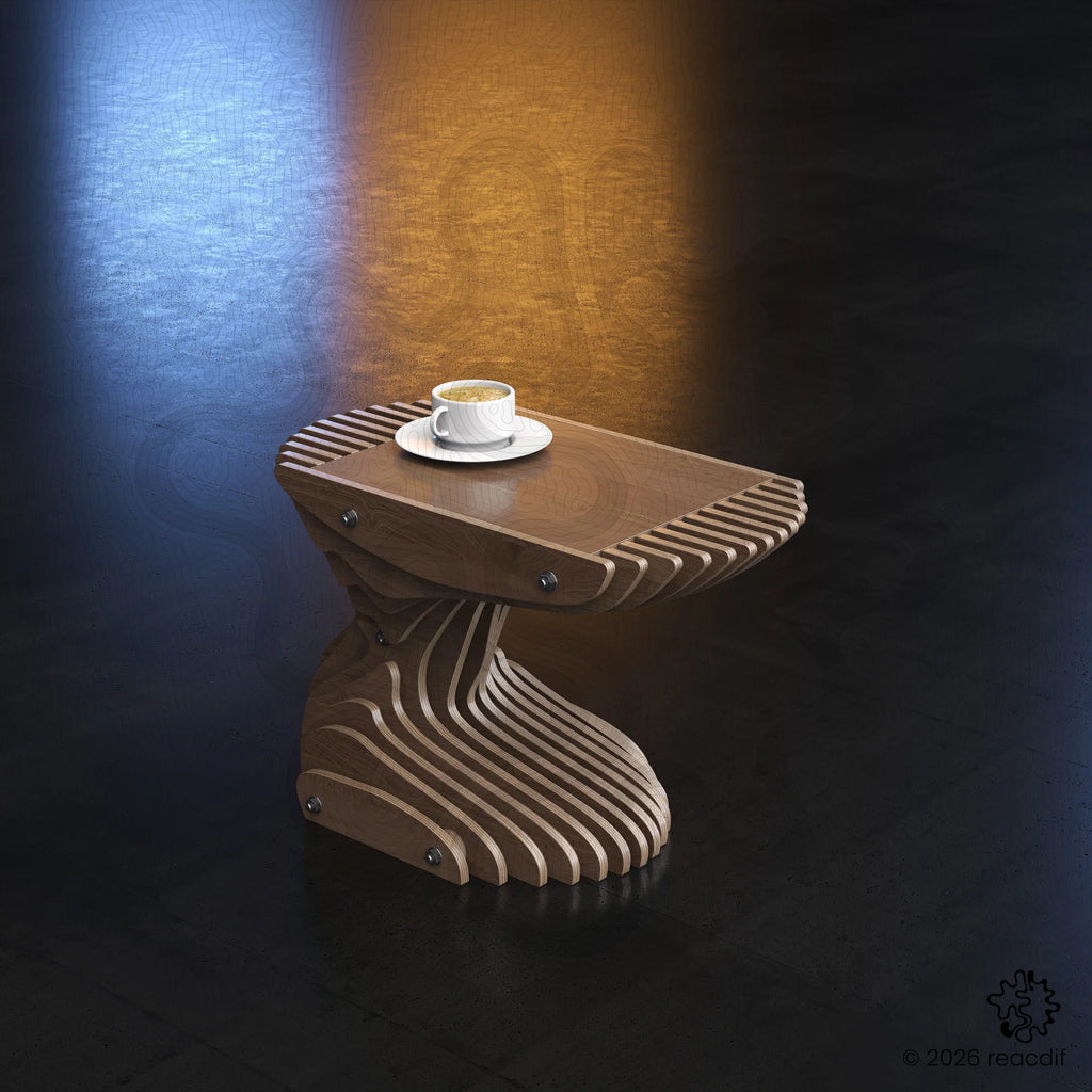 Parametric Coffee Table A-6 variant small close-up detail showing precision CNC-routed edges and smooth organic curves in wood