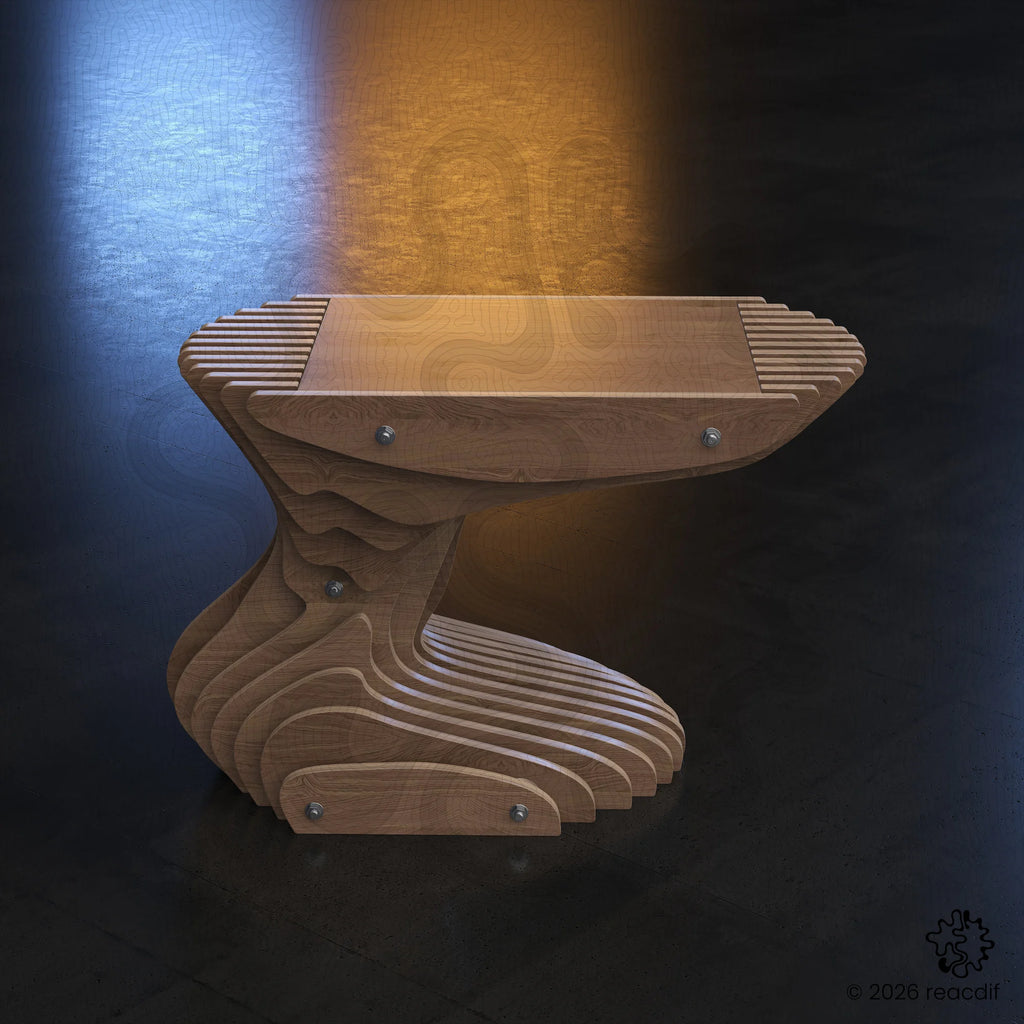 Parametric Coffee Table A-6 variant medium side view demonstrating depth, curves, and precision CNC manufacturing quality