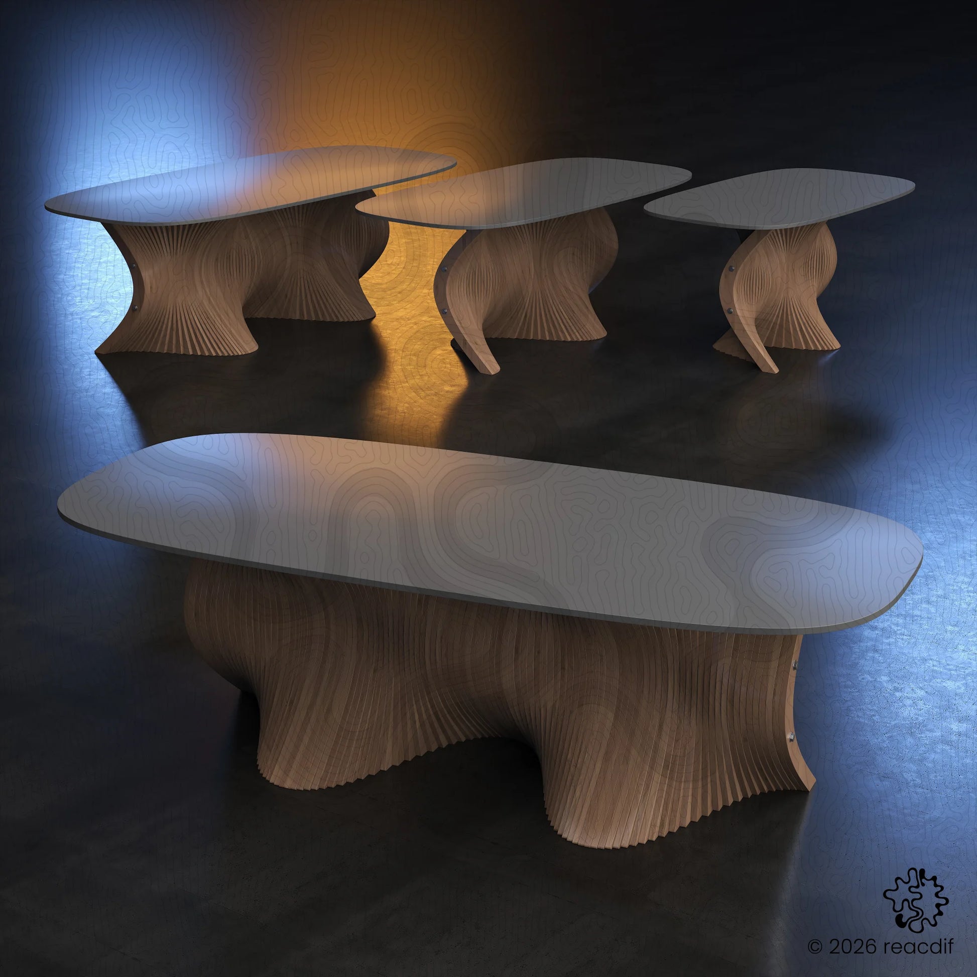 3-size bundle parametric table set. Large, medium, and small dining table bases compared. Digital vector files for CNC furniture. Fluid organic wood structure design.