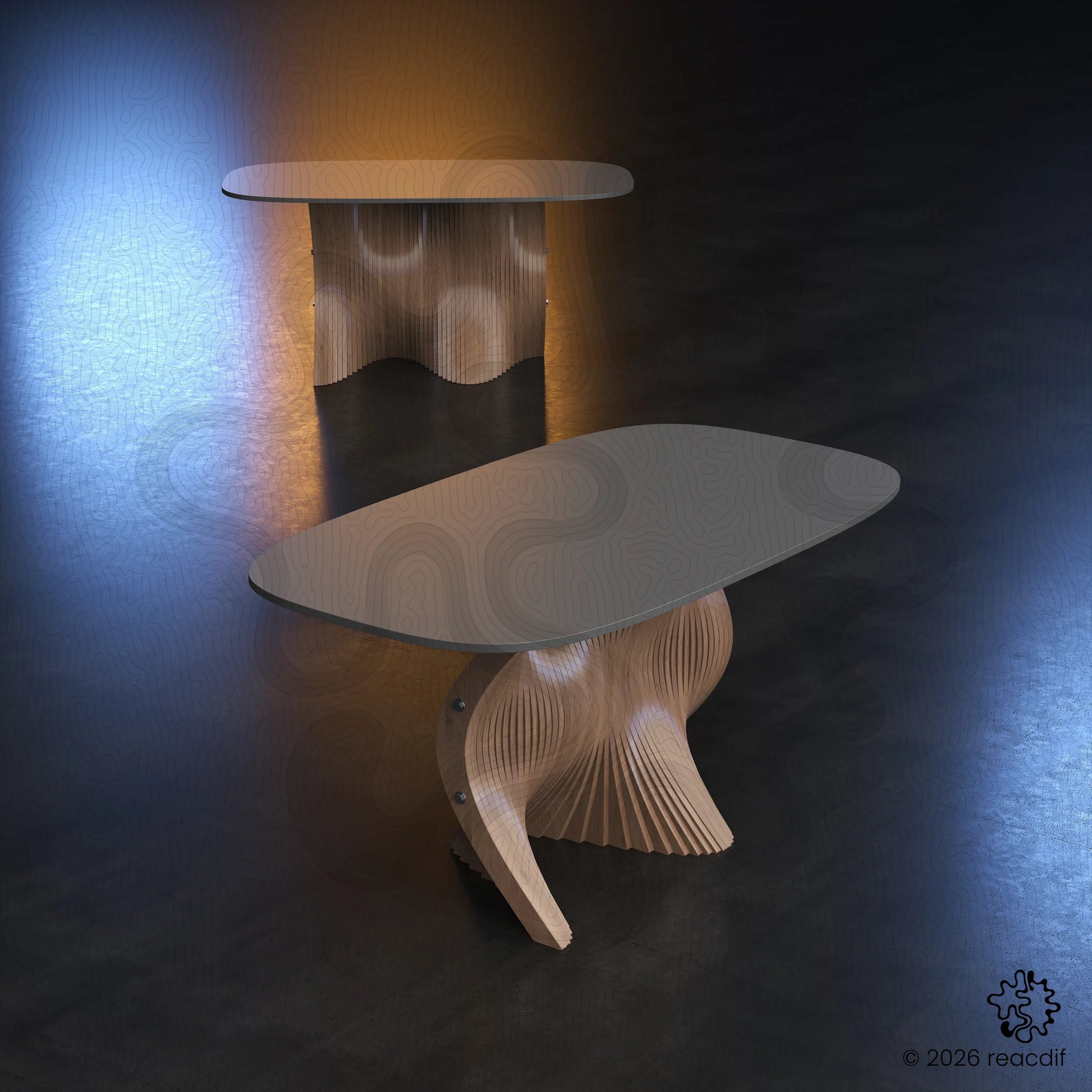 Diagonal view of curved table base. Modern office conference table idea. Parametric architecture furniture. Digital template download.