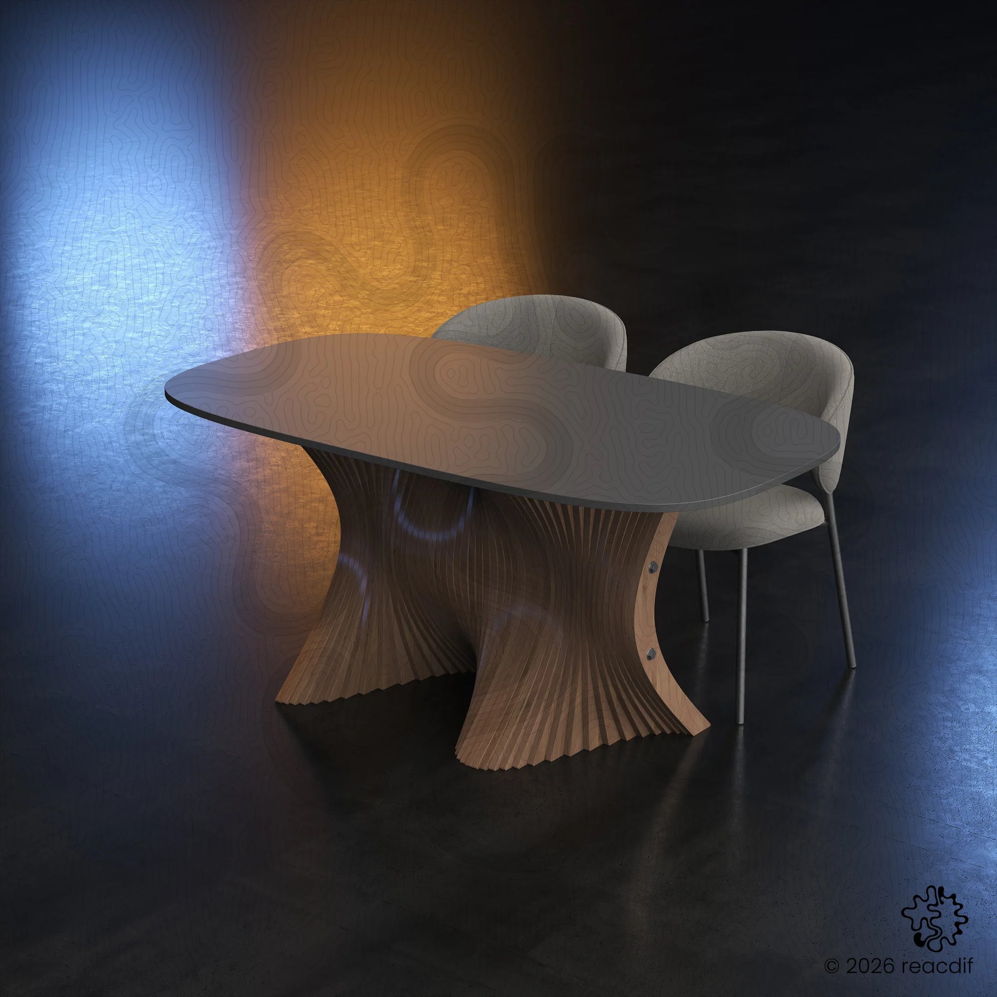 Modern parametric dining table perspective. Sculptural plywood base design holding glass top. Luxury home decor furniture plan. CNC router woodworking project.