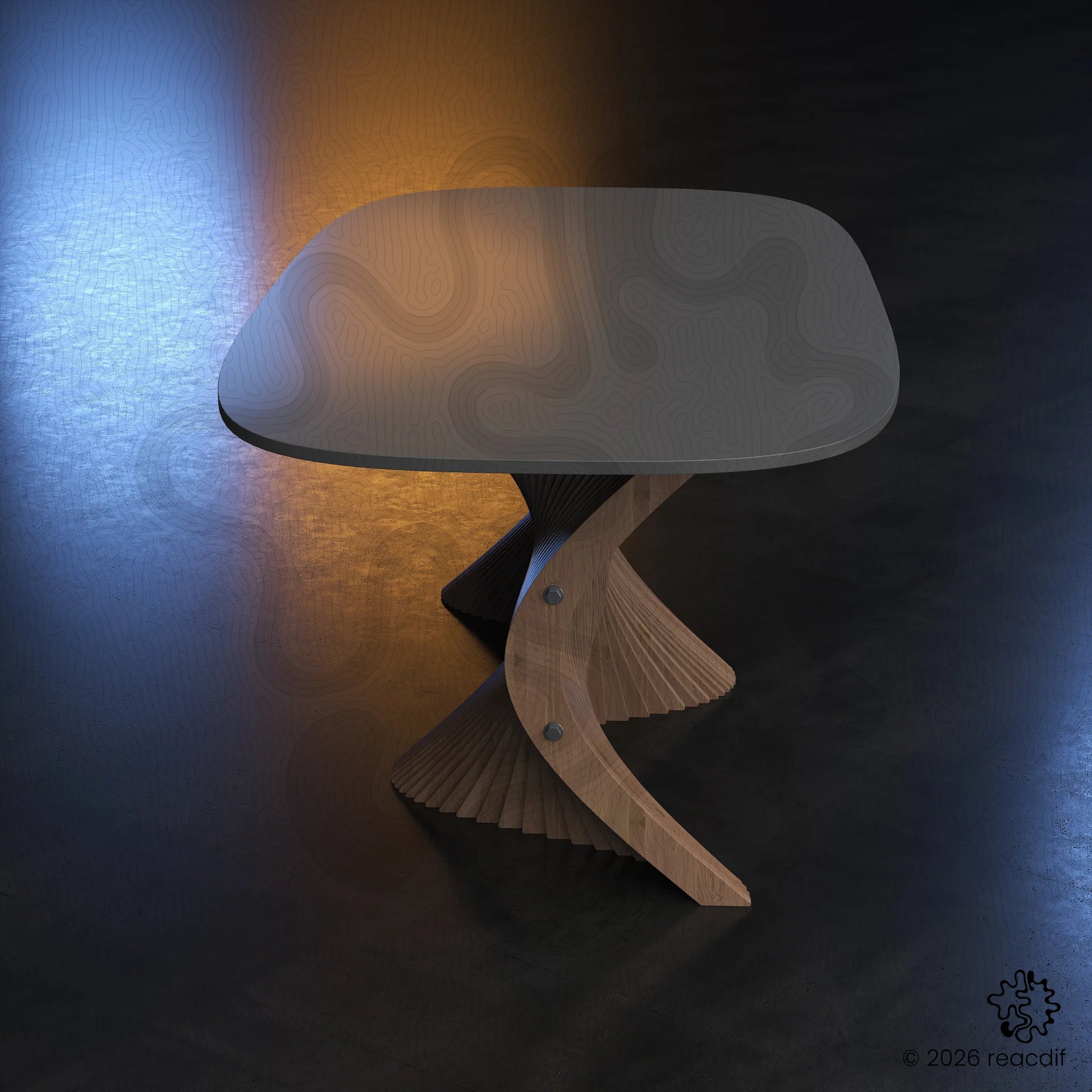 Abstract angle of wooden waves. Parametric design art for home decor. Creative plywood joinery pattern.