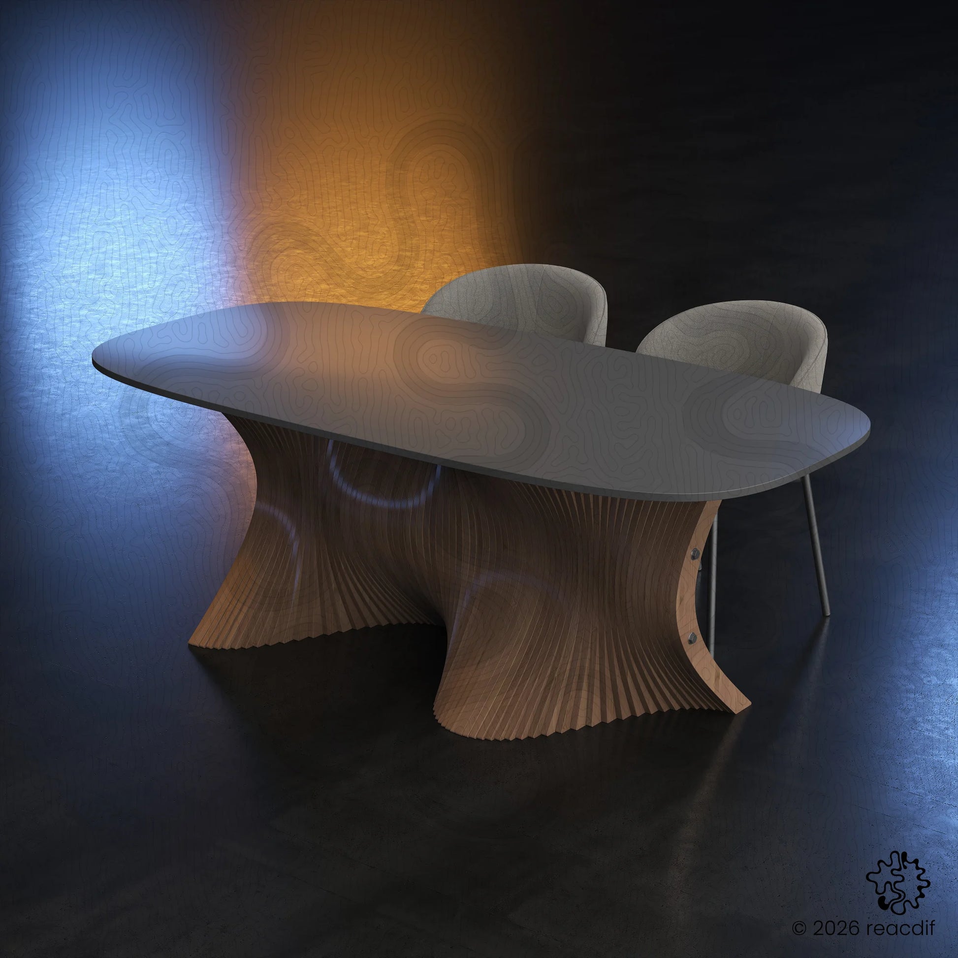 Fluid organic wood lines. Contemporary dining room centerpiece. Wavy wooden leg structure. Digital model render for interior designers.