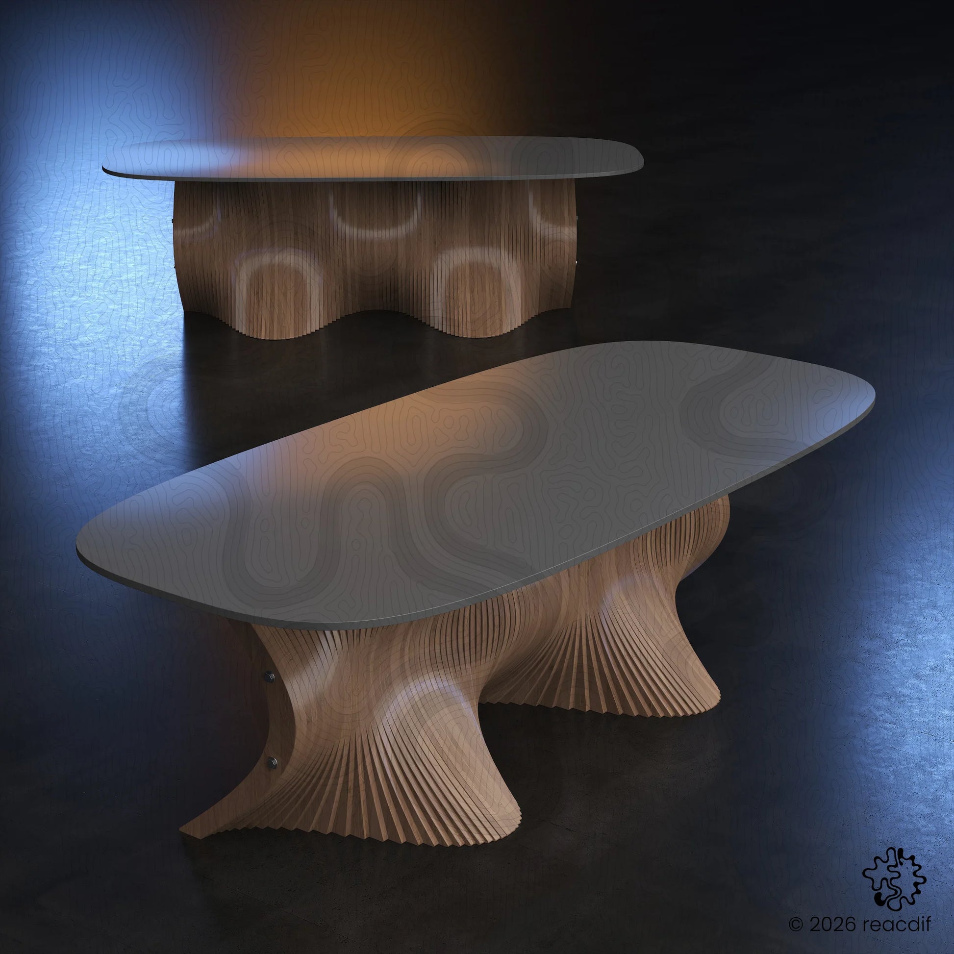 Top down view of organic table shape. Unique fluid design for large spaces. Vector plan for laser cutting or CNC routing.