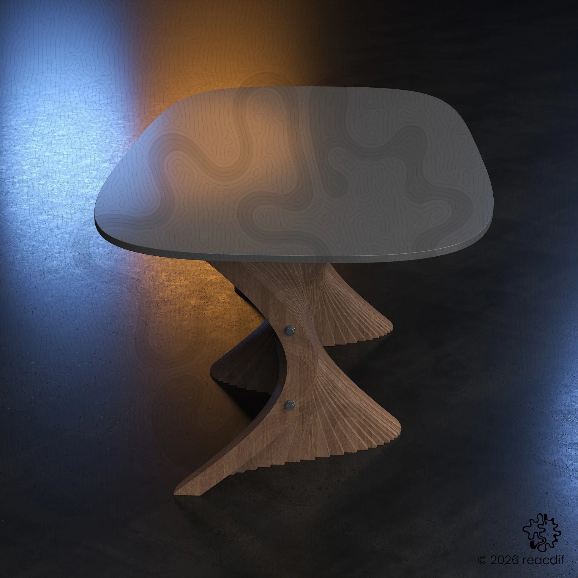 Final product realistic view. Sophisticated wooden table base. Digital blueprint for makers and carpenters.
