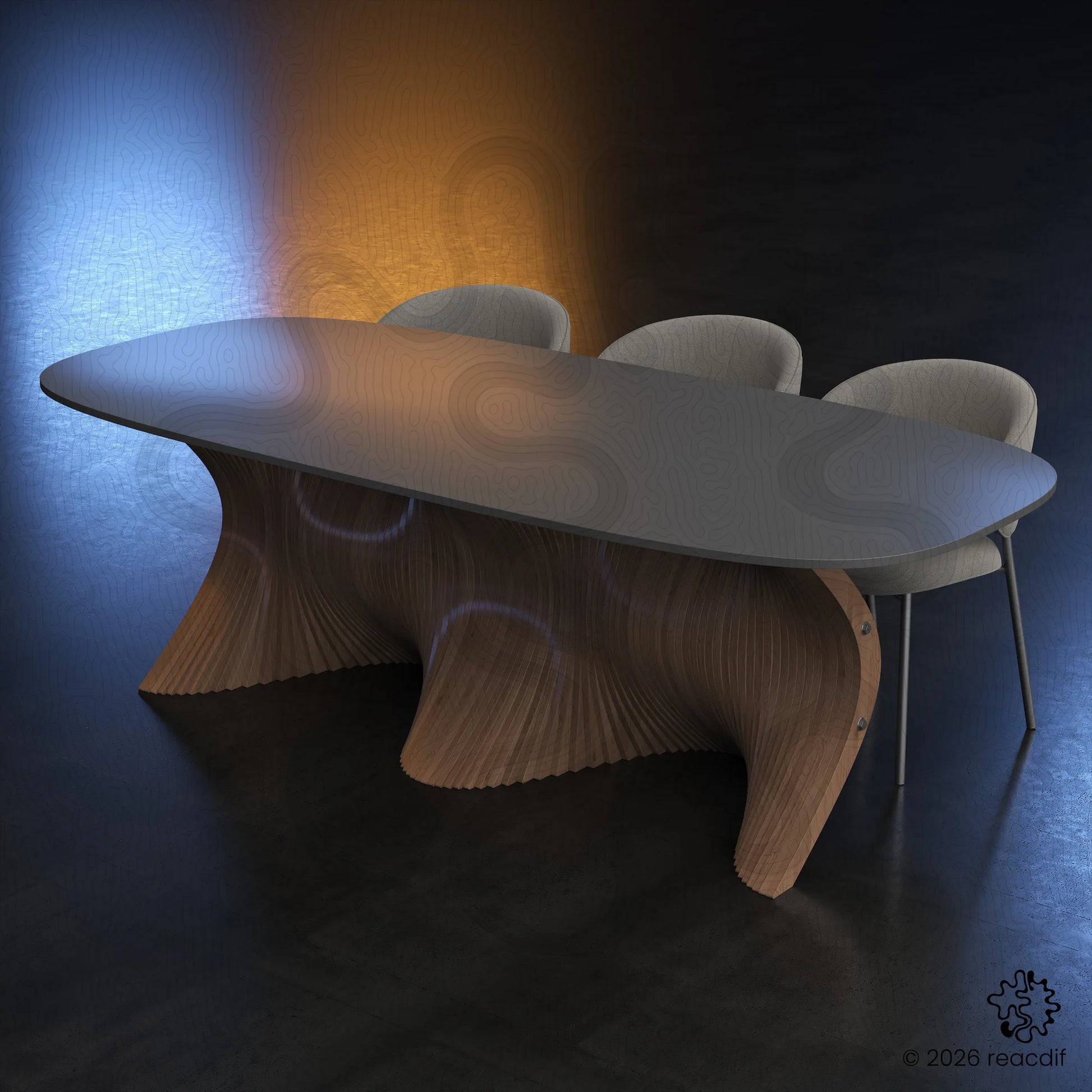 Side view of parametric table. Artistic wooden furniture design. Scandi and futuristic style mix. Ready to cut DXF file preview.