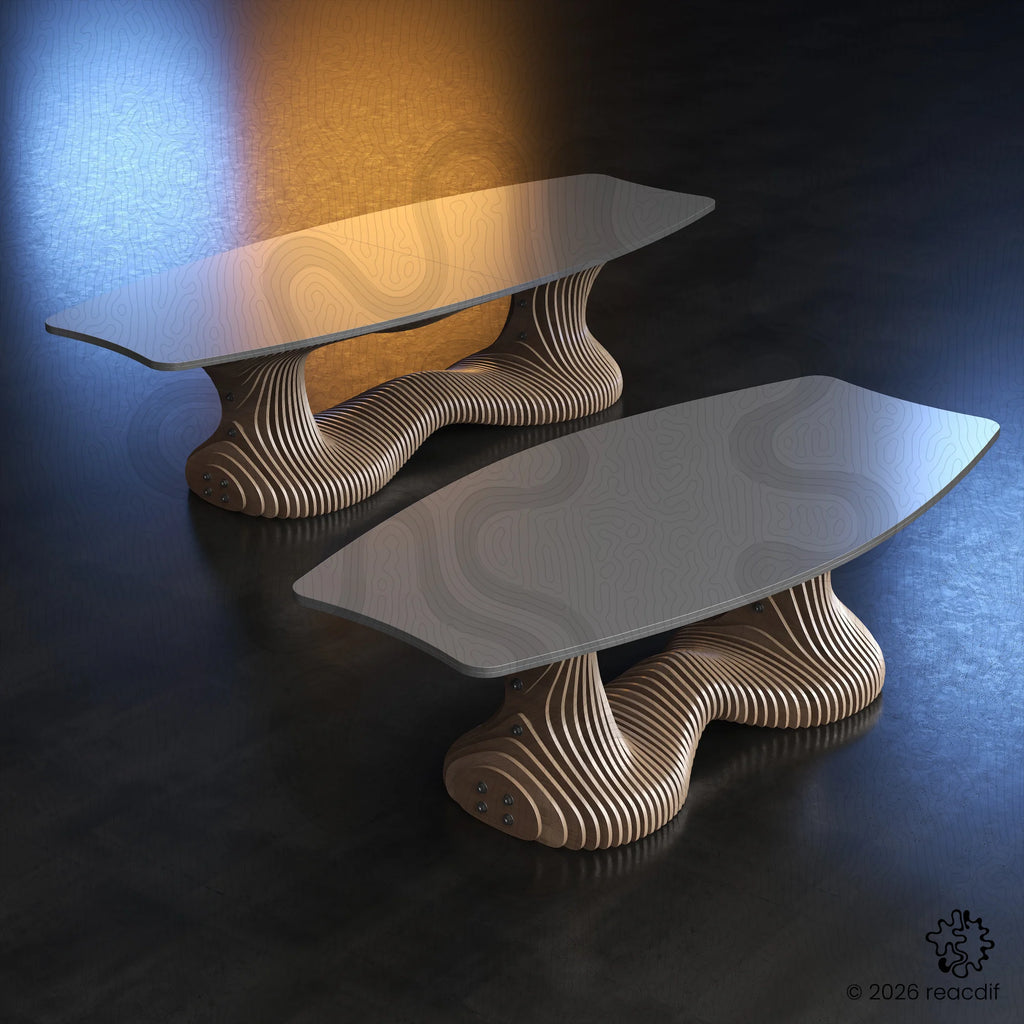 The final realistic render presents the completed table in a polished setting. It showcases the harmony between the tabletop surface and the complex parametric base, offering a comprehensive look at the finished DIY project for potential buyers.