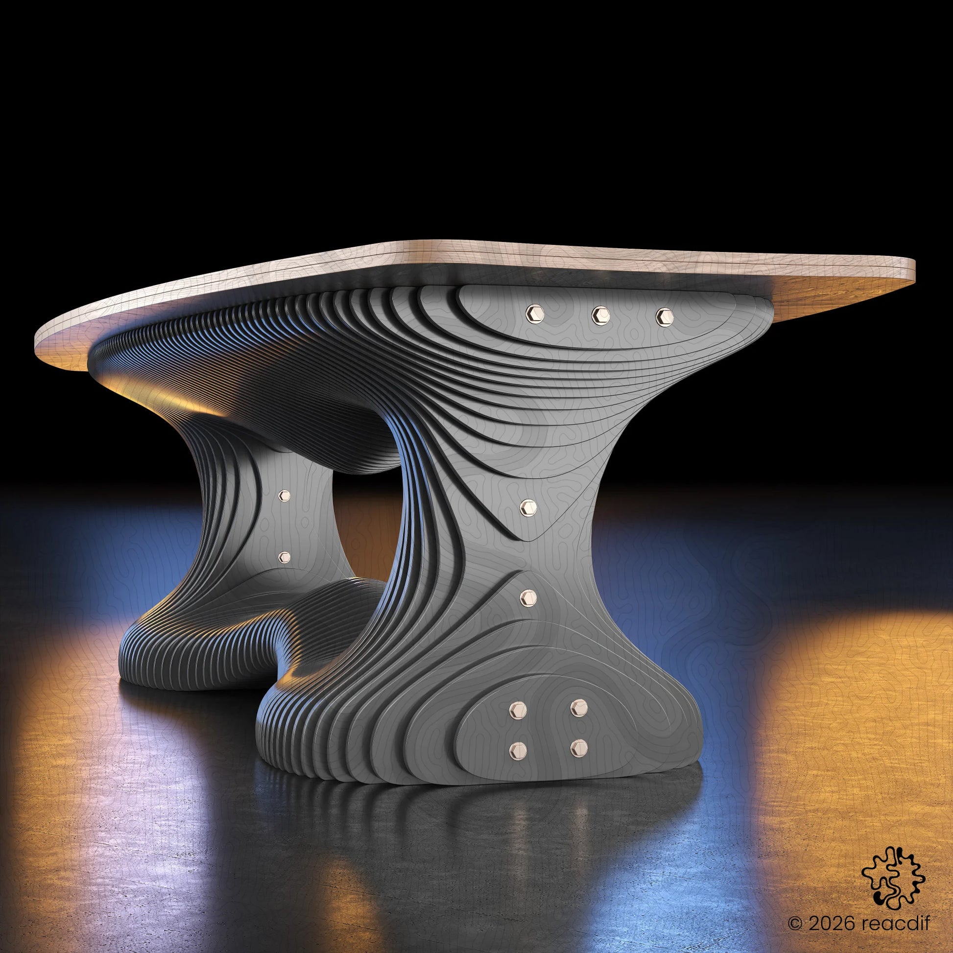 This side angle captures the dramatic undulation of the table base. The wooden slats rise and fall in a smooth, continuous parametric wave, demonstrating the fluid motion captured in the static wood material. It highlights the modern and artistic nature of the furniture design.