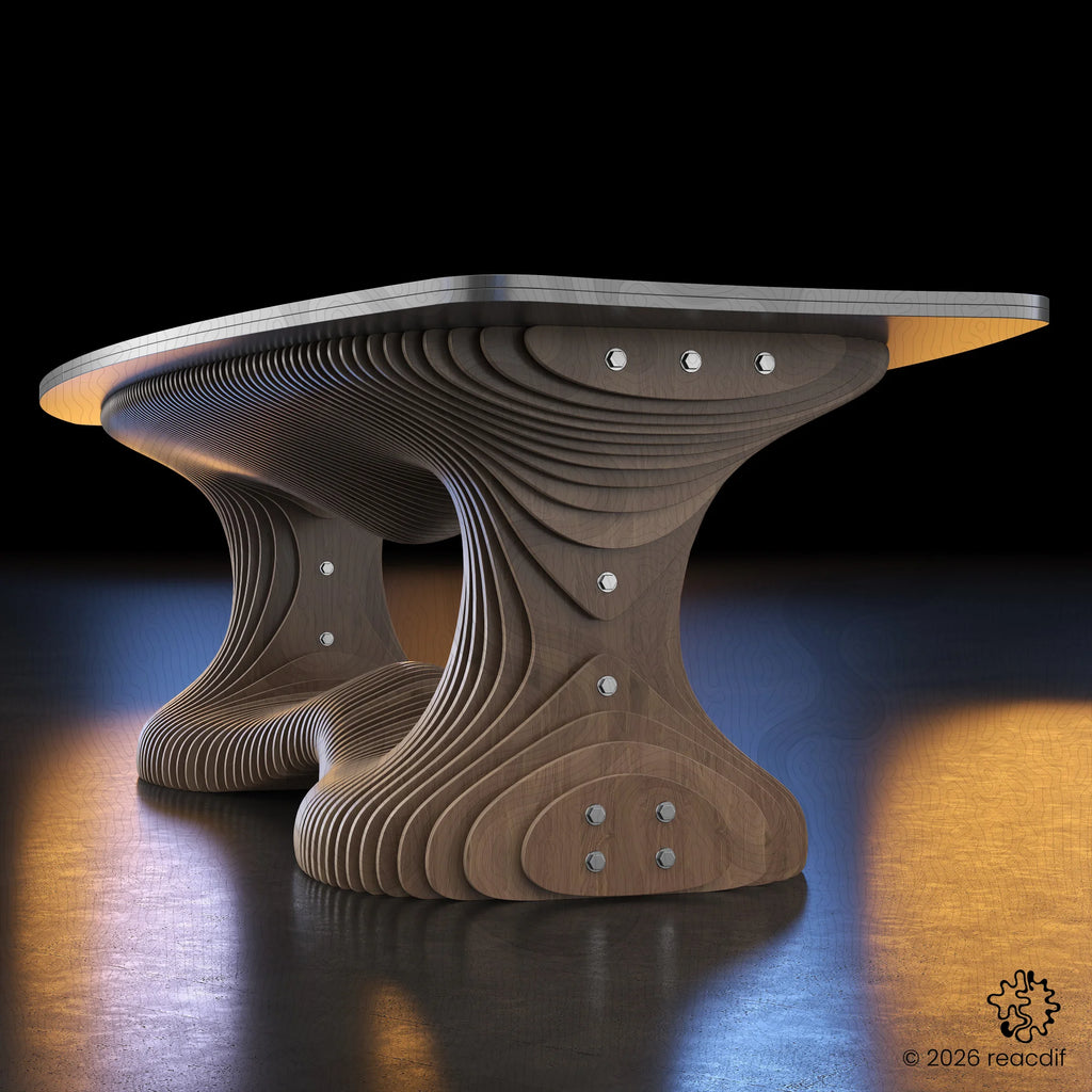 A diagonal view of the table emphasizes the depth and volume of the parametric structure. The image shows how the organic curves of the base contrast with the sharp, clean lines of the tabletop, creating a sophisticated look for luxury interiors and modern workspaces.