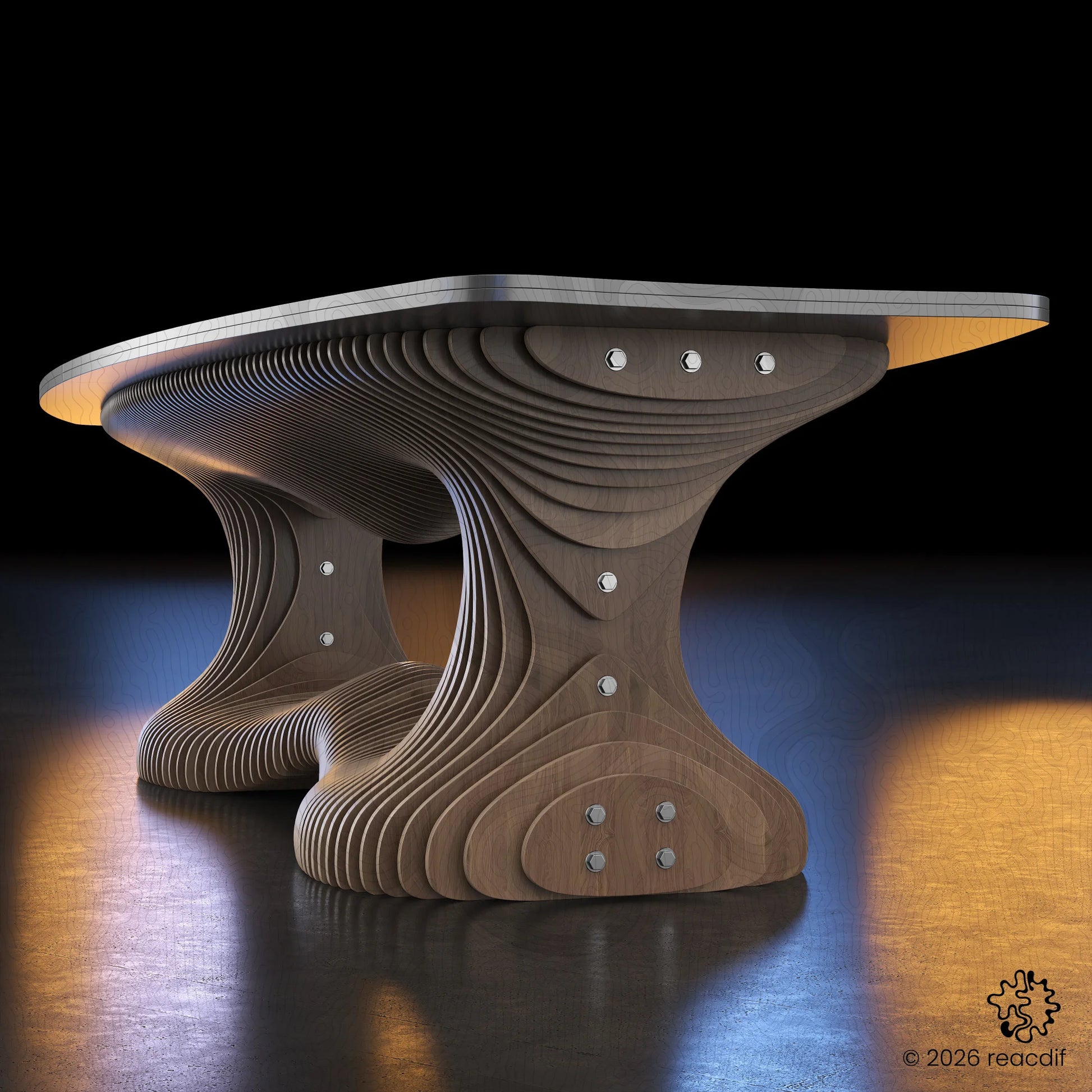 A diagonal view of the table emphasizes the depth and volume of the parametric structure. The image shows how the organic curves of the base contrast with the sharp, clean lines of the tabletop, creating a sophisticated look for luxury interiors and modern workspaces.