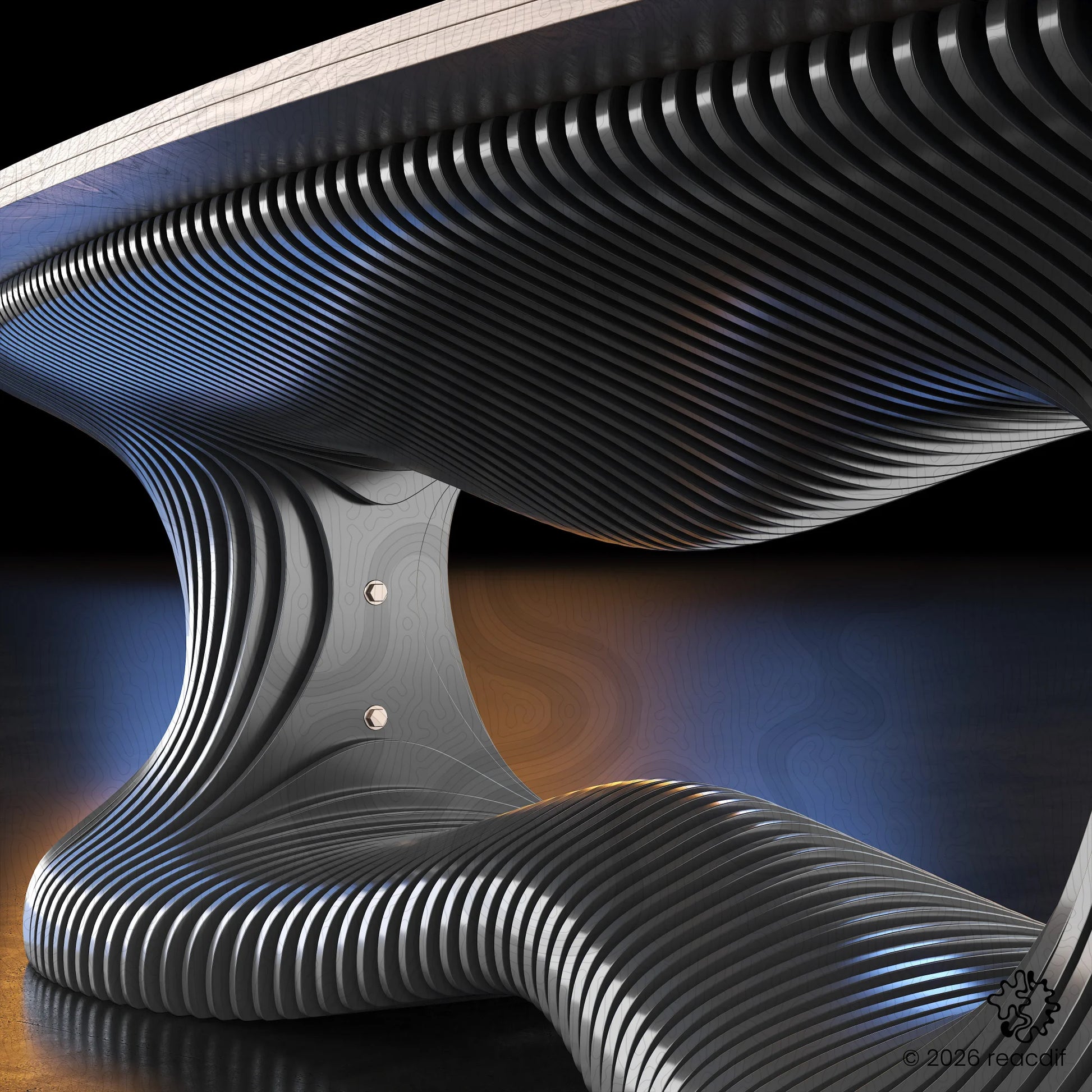 This angle presents the table as a potential executive desk or conference table. The robust and wide stance of the parametric base suggests stability and grandeur, making it an ideal statement piece for high-end corporate environments or spacious meeting rooms.