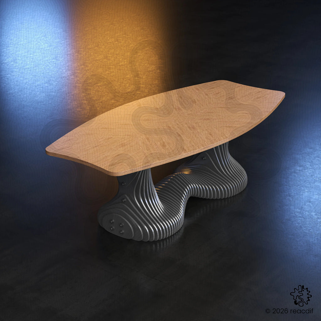 The image shows the silhouette of the parametric table against a neutral background. This highlights the unique outer contour and the negative space created by the undulating curves, distinguishing it from standard rectangular furniture.