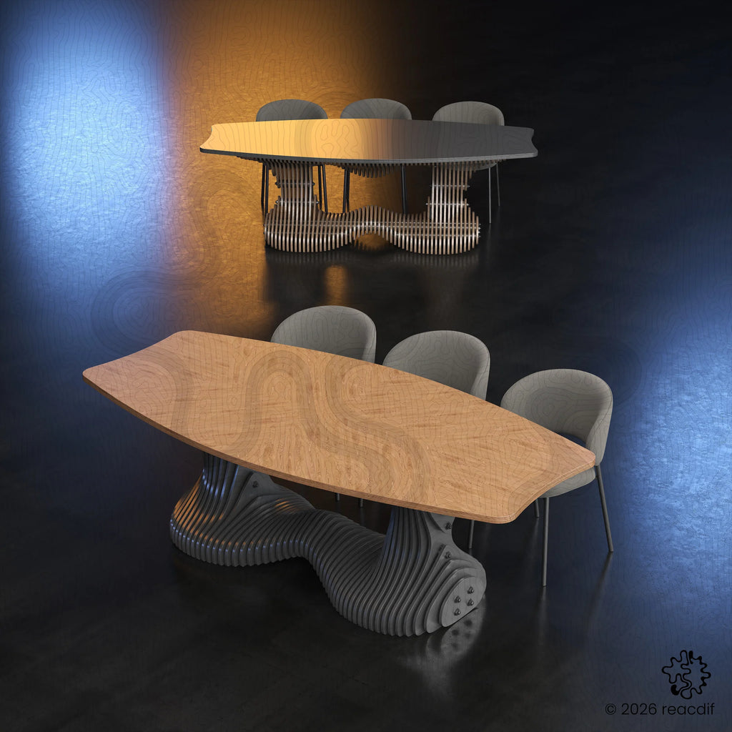 A close-up shot focuses on the layered edge texture of the plywood slices. It highlights the precision required in CNC cutting to achieve the smooth gradient of the curves, showcasing the high-quality finish potential of the digital design file.