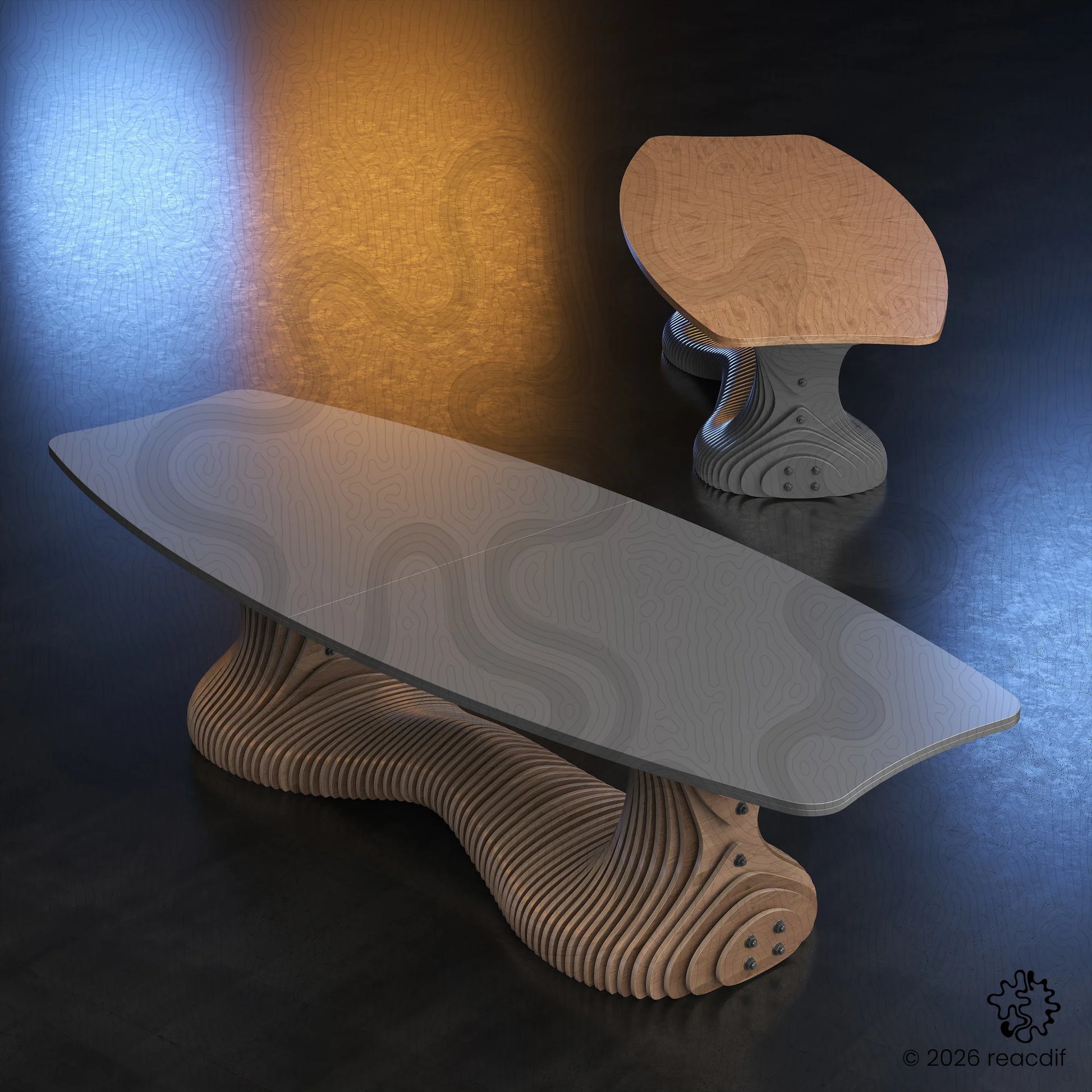 This artistic rendering focuses on the "bridge" section of the table base where the wave lifts off the ground. It captures the sense of movement and lightness despite the solid wood construction, perfect for modern minimalist decor themes.