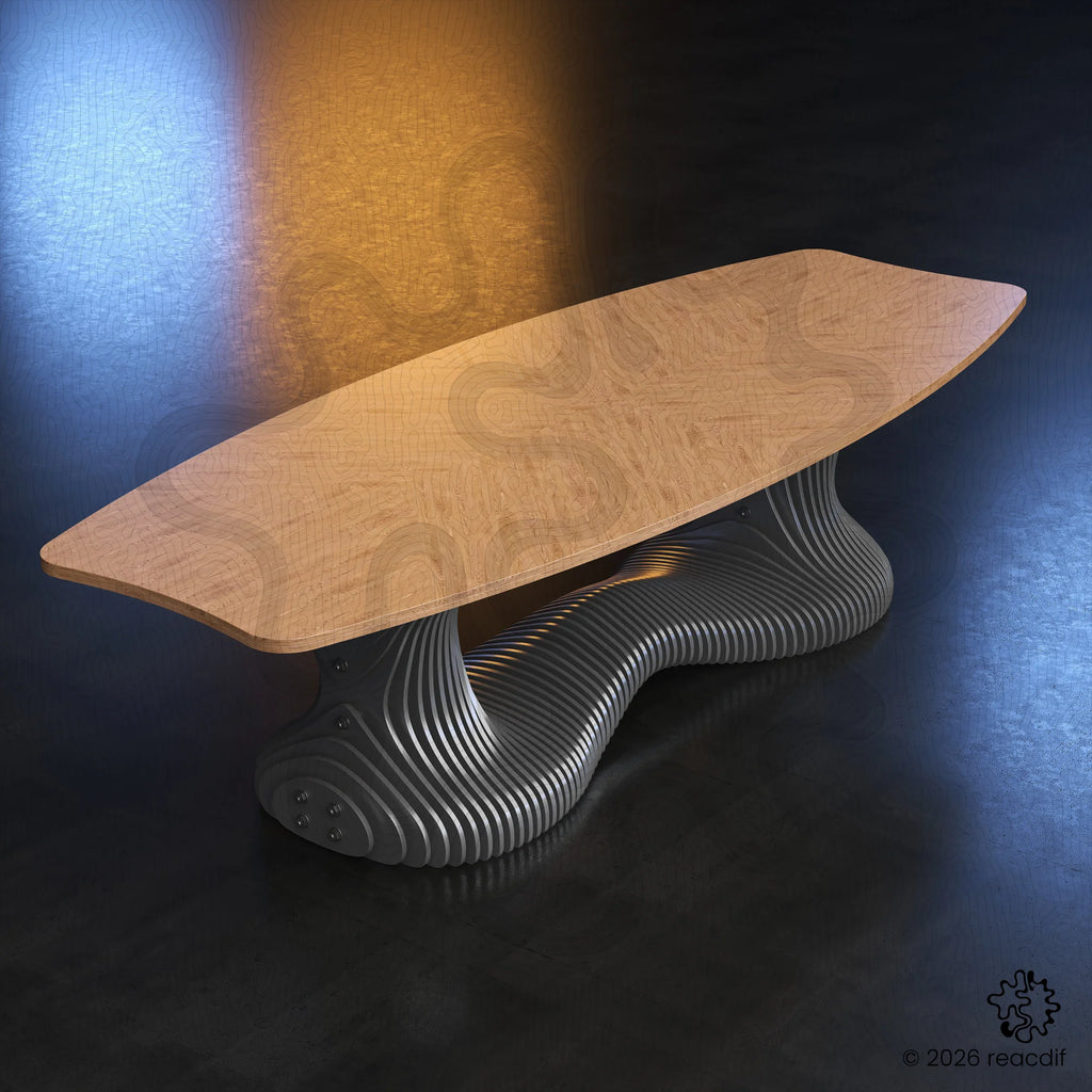 This view places the table in a simulated environment to show its scale relative to a room. It demonstrates how the organic wood tones add warmth and texture to a space, serving as a functional piece of art for interior design projects.