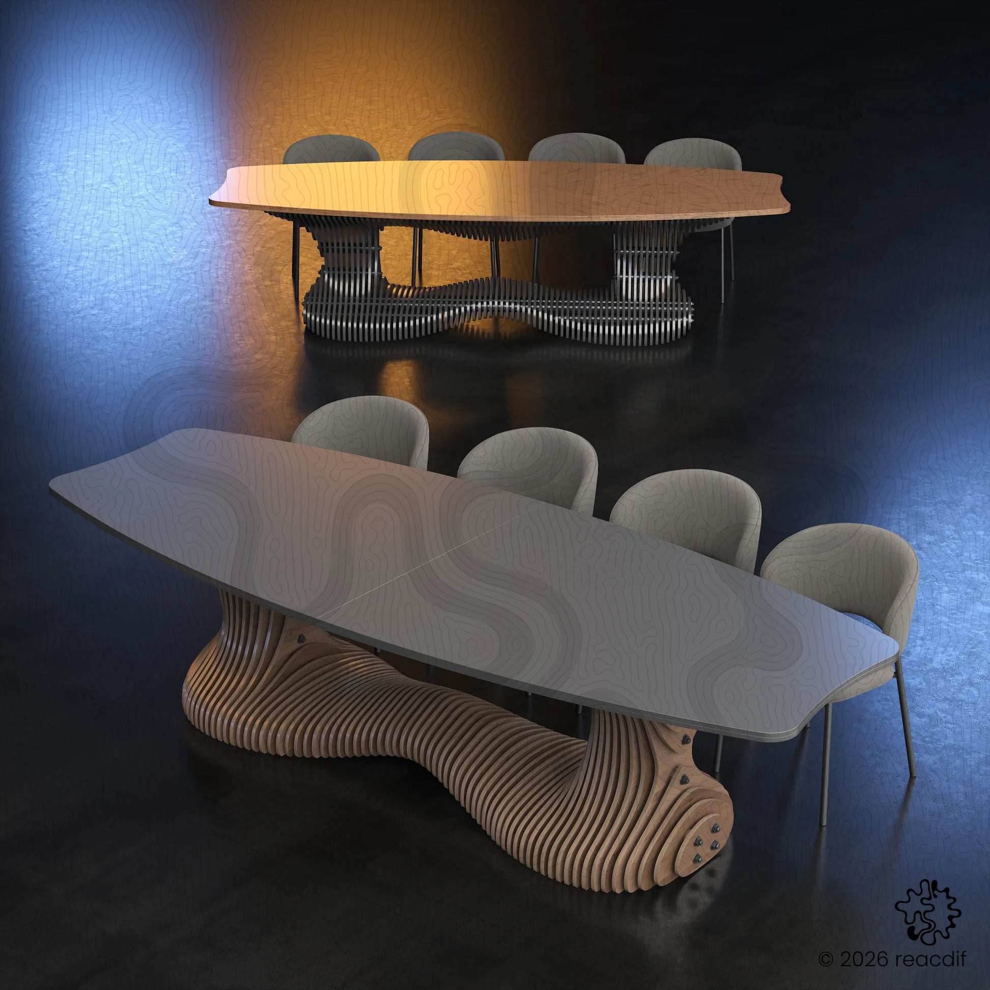 A high-angle view looking down at the table reveals the footprint of the curved base. This perspective helps visualize how the winding wooden structure sits beneath the tabletop and how it occupies floor space in a room setting.