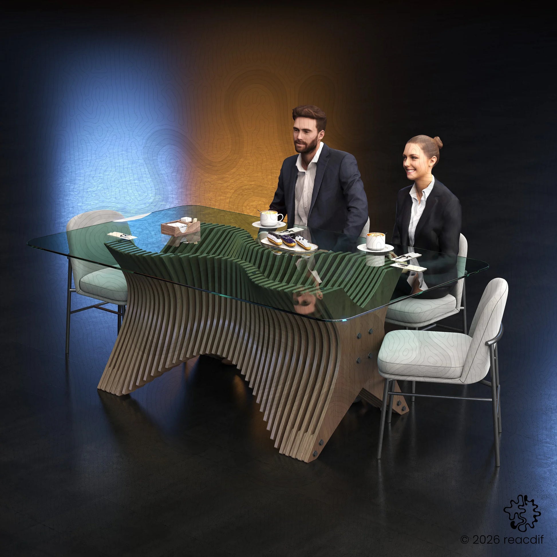 Close up of the concave wooden structure. Unique 'Valley' wave form in plywood layers. Organic fluid design aesthetic. Digital vector model for woodworkers.