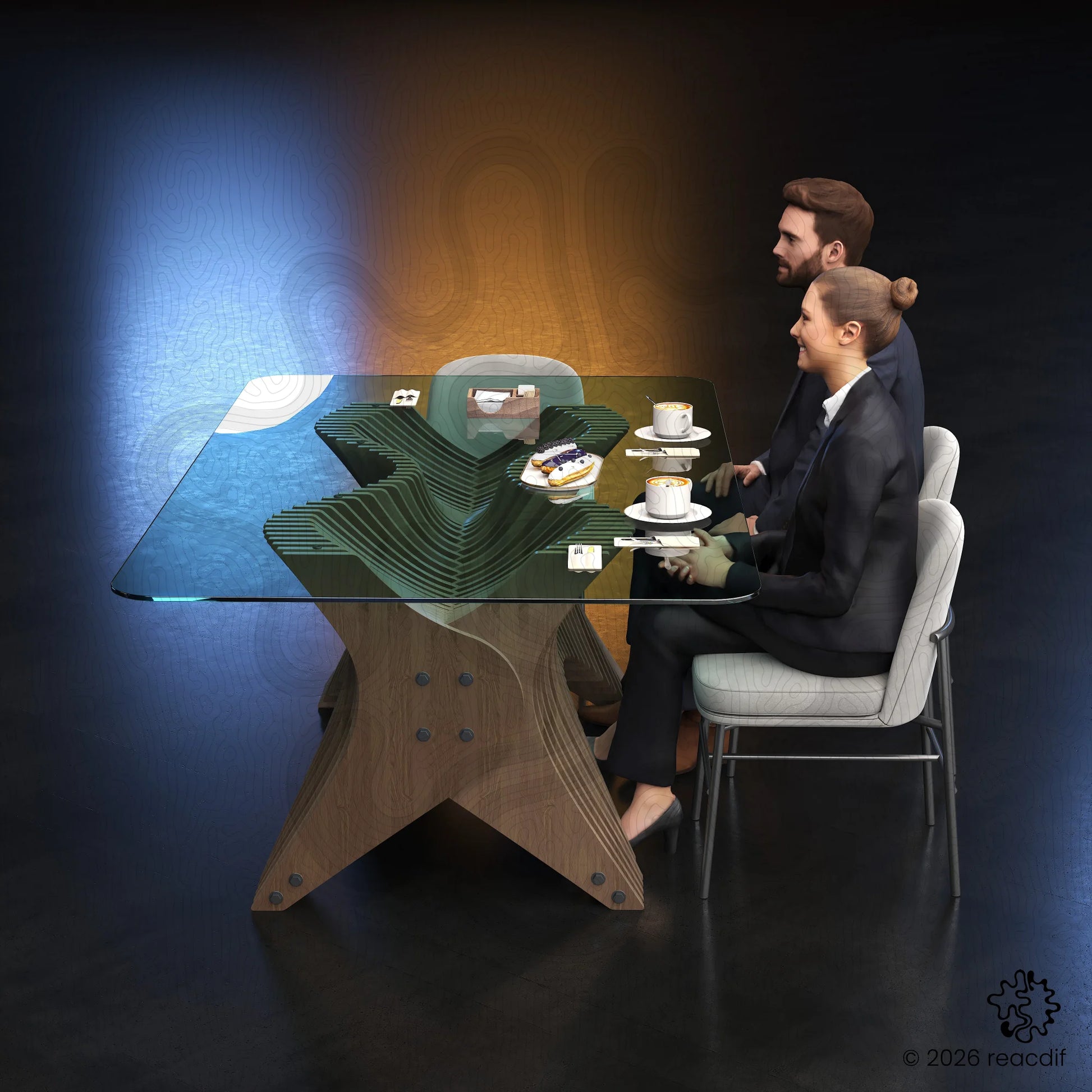 Side profile showing the X-shaped wooden legs. Sturdy cross-frame construction of the Parametric Table A-3. Architectural furniture joinery details. DIY router project.