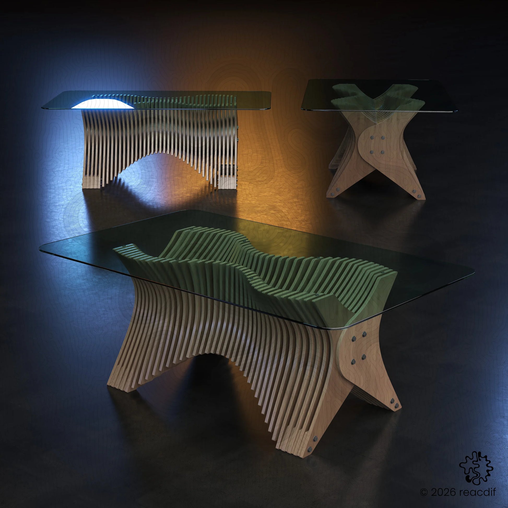 Modern dining table with transparent glass top. Parametric wooden slat base visible through glass. Sculptural furniture design for CNC. Elegant office desk or dining room centerpiece.