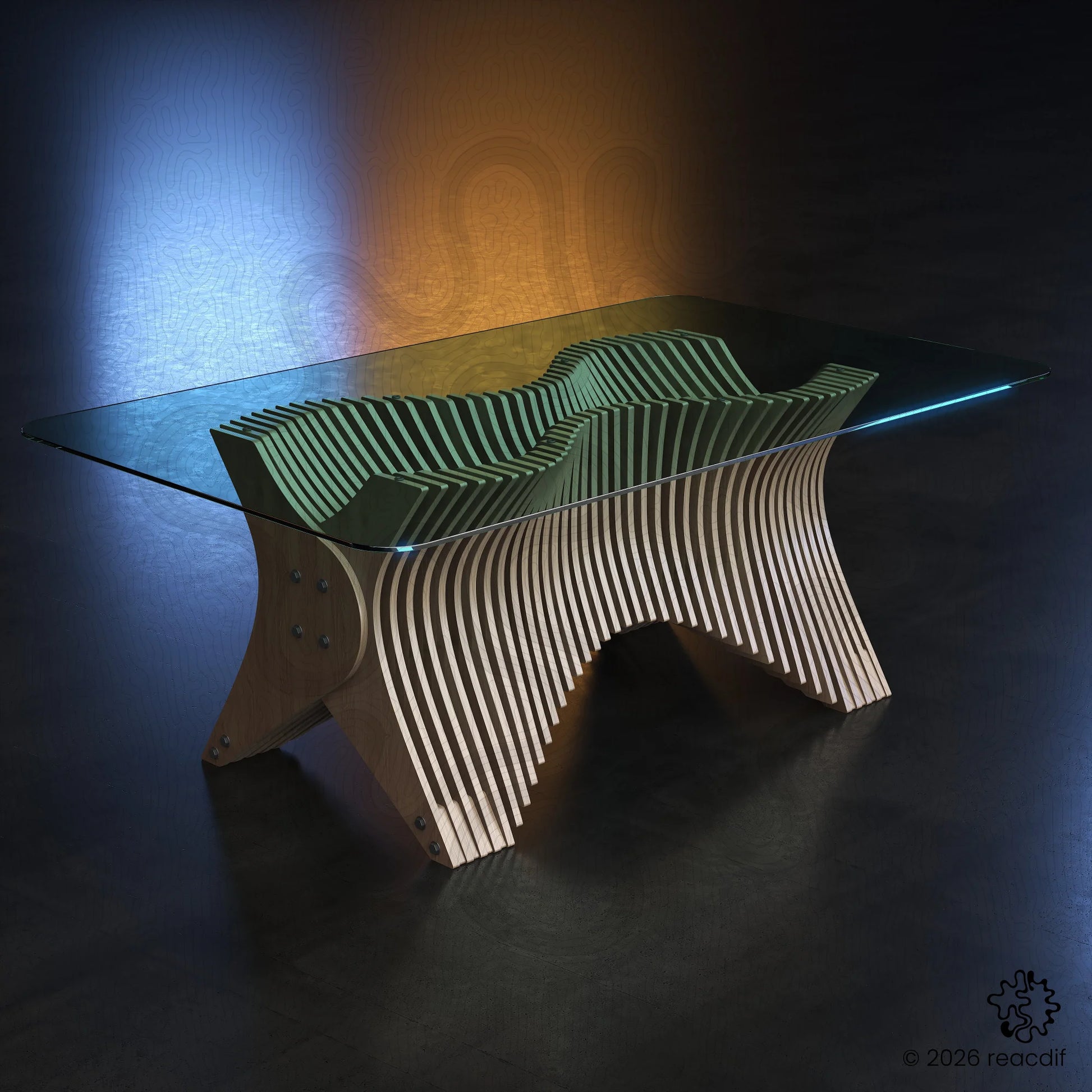 Low angle view of the parametric table base. Monumental wooden layers creating a 3D wave effect. Luxury interior design element. Contemporary plywood art.