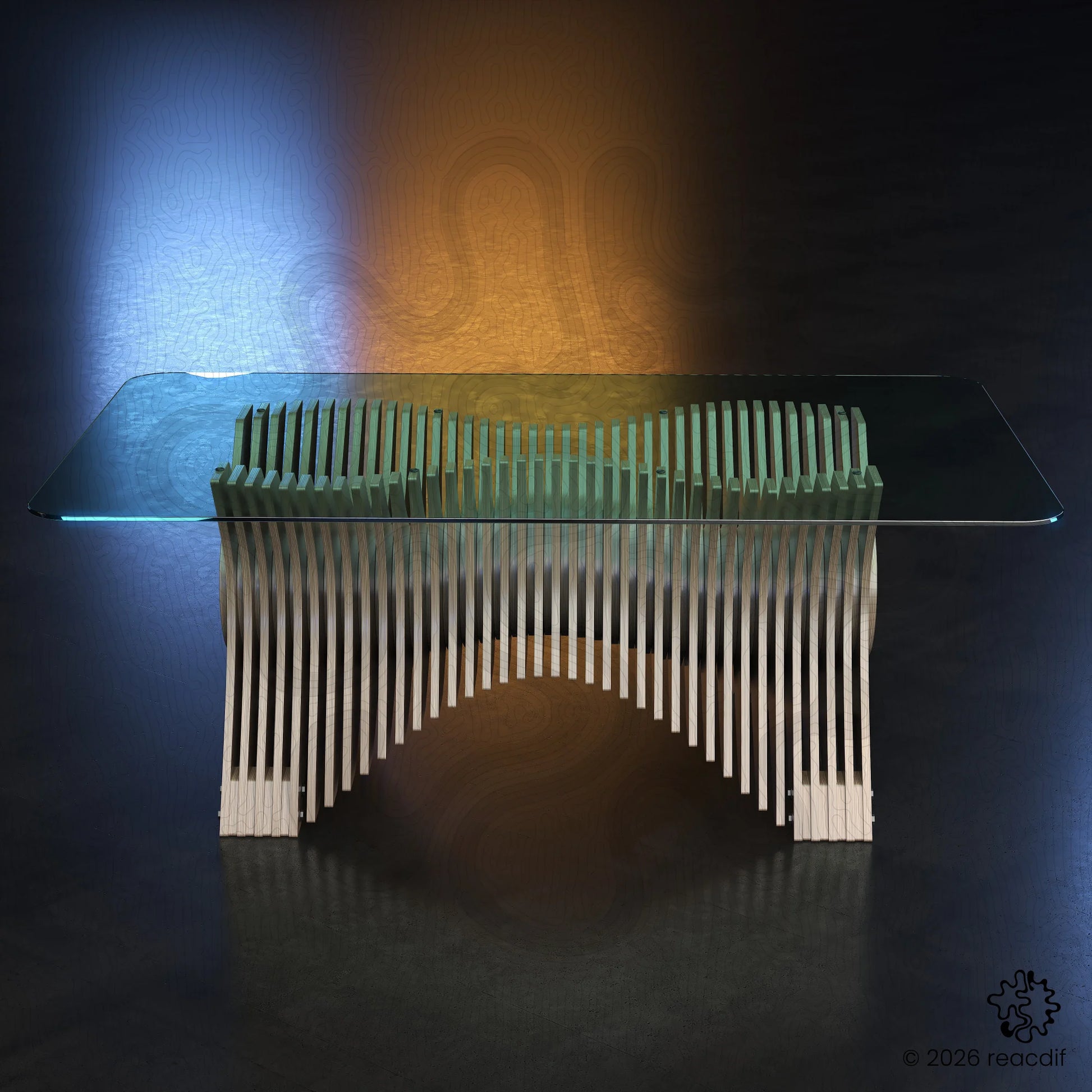 Detailed texture of plywood slices. Precision CNC cut edges. Minimalist organic furniture style. Ready-to-cut DXF file preview.