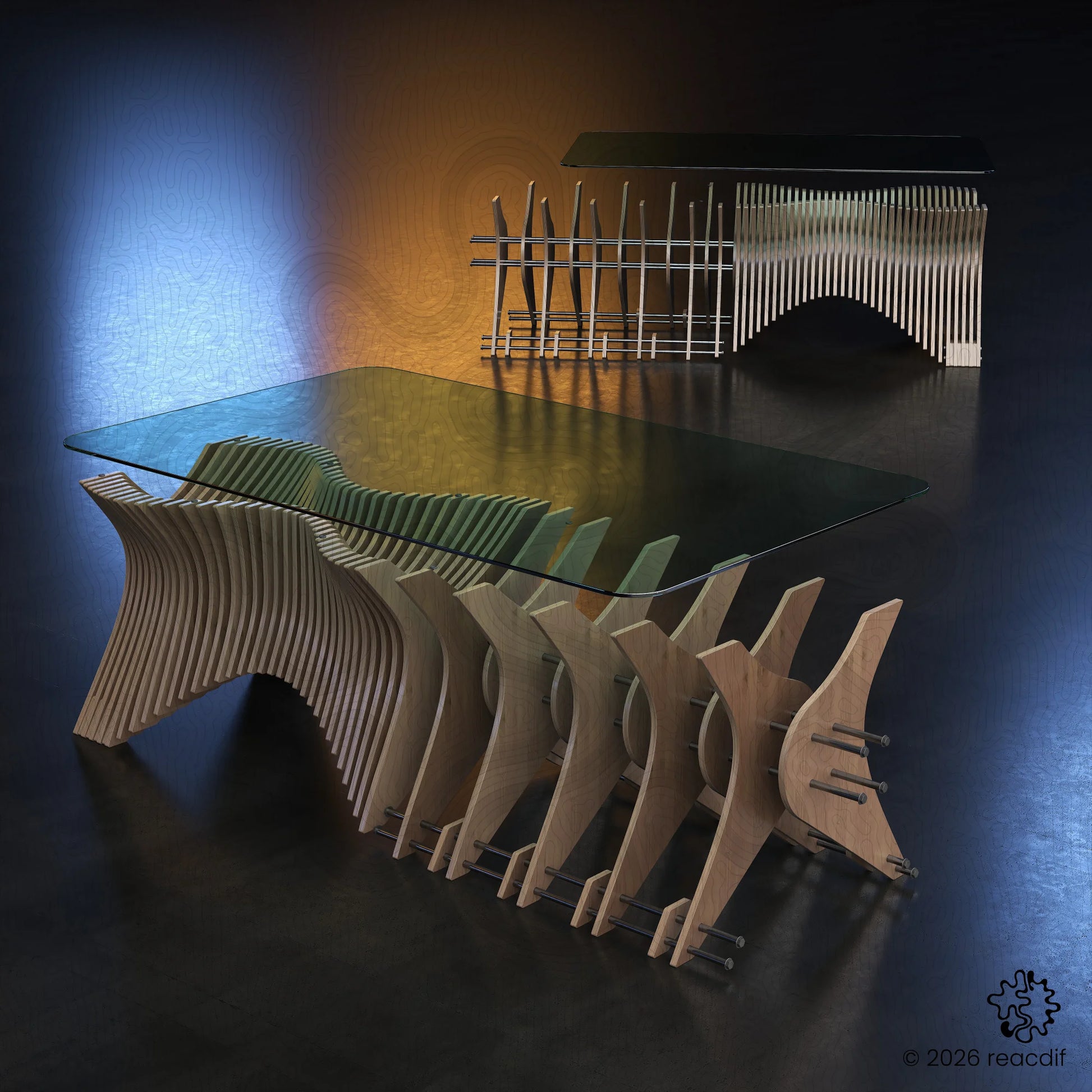 Parametric glass-top table in a modern interior setting. Sophisticated executive desk or conference table idea. Realistic render of the finished DIY project.