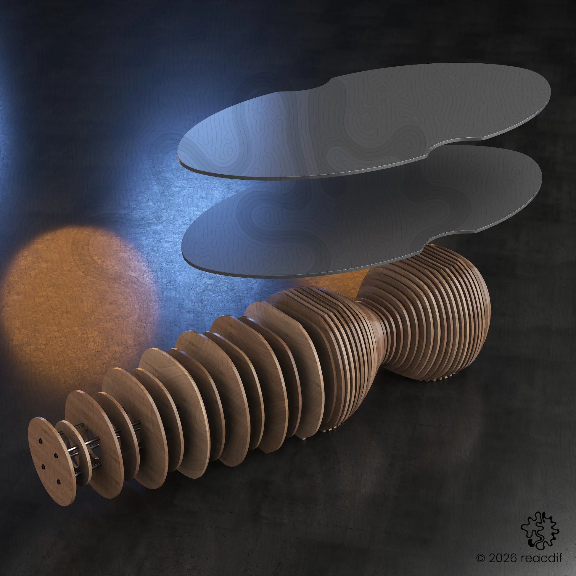 Parametric Table A-4 exploded product example - modern dining table made from CNC cut plywood

