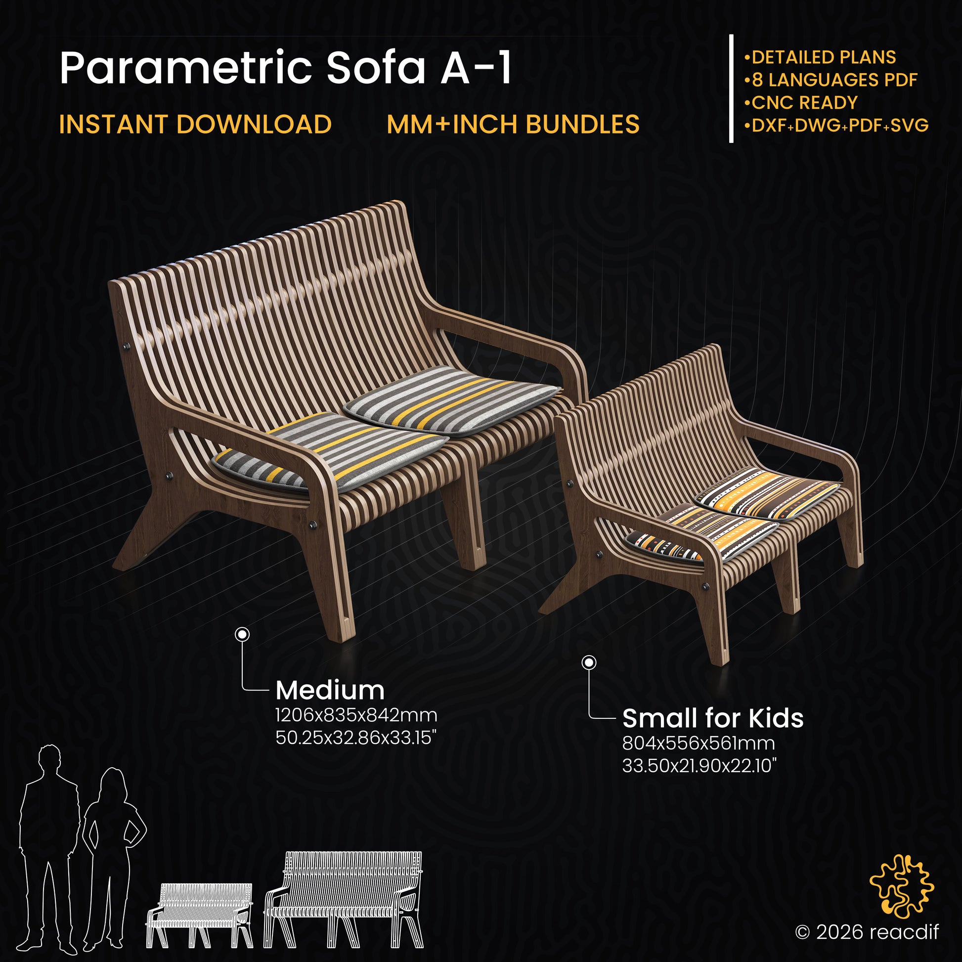 Parametric Sofa A-1 | Organic Plywood CNC Design File | Digital Furniture Plan