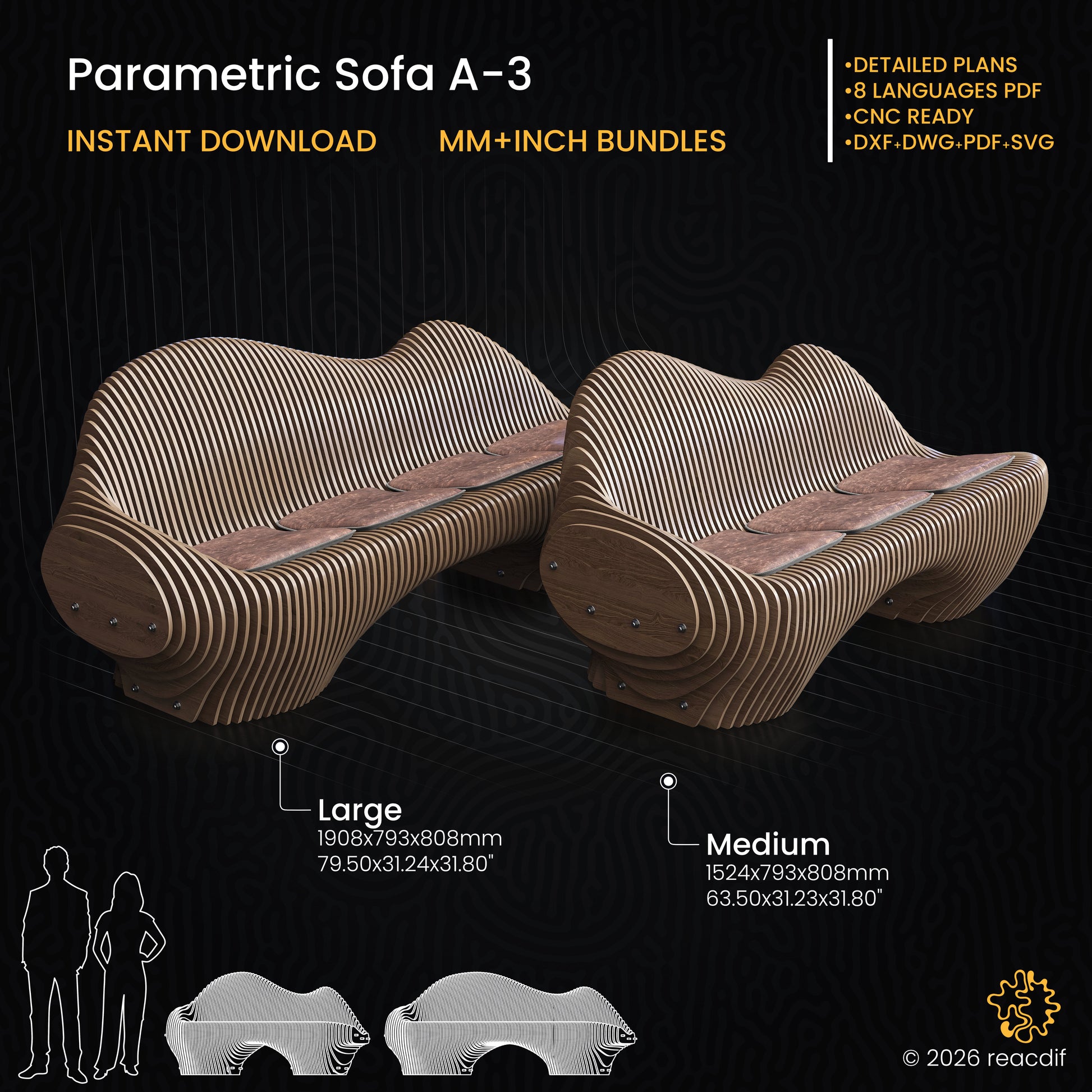 Parametric Sofa A-3 infographic - dimensions and technical details CNC cutting plan