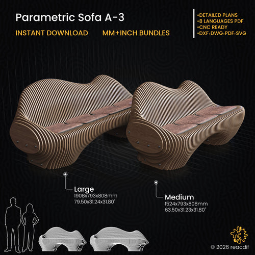 Parametric Sofa A-3 infographic - dimensions and technical details CNC cutting plan