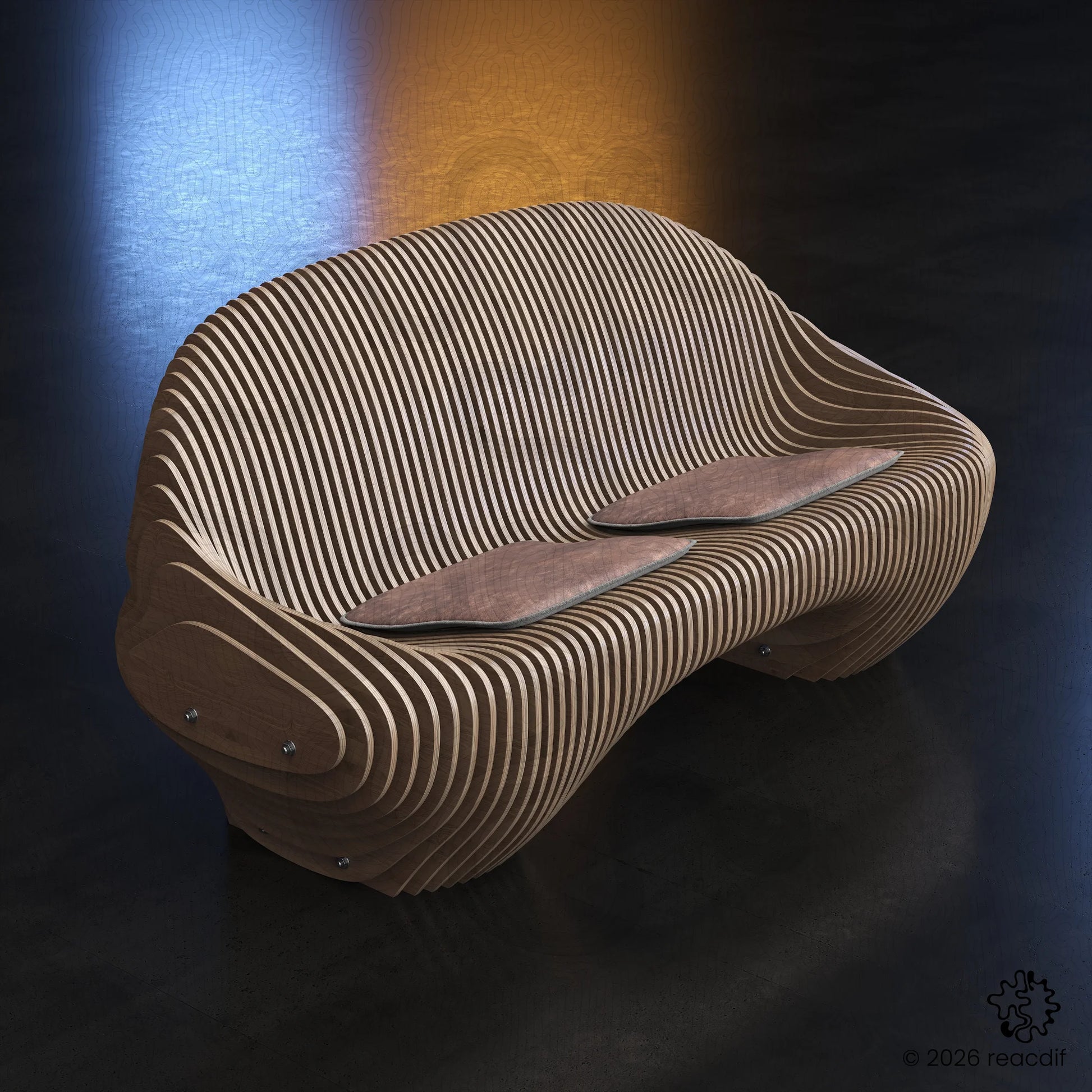 Parametric Sofa A-4 front view showcasing elegant curved structure and natural wood finish for modern interior spaces