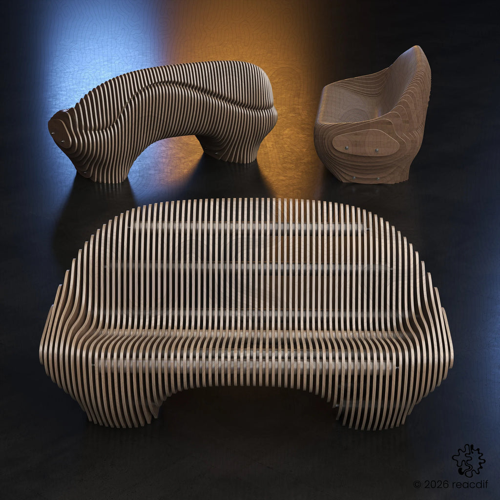 Modern parametric sofa A-4 with organic wavy design, precision CNC-cut from plywood, featuring contemporary minimalist living room aesthetic