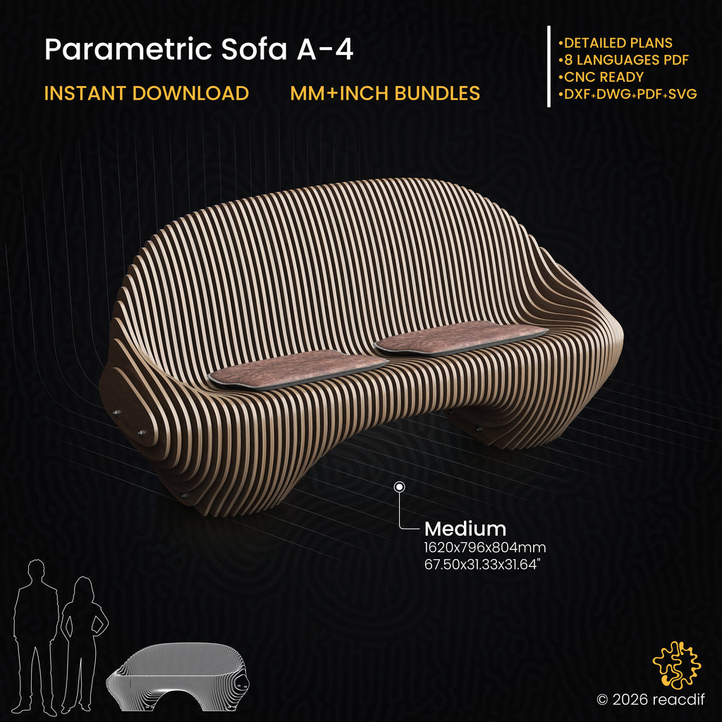 Parametric Sofa A-4 technical specifications infographic with dimensions, CNC cutting requirements, and material details